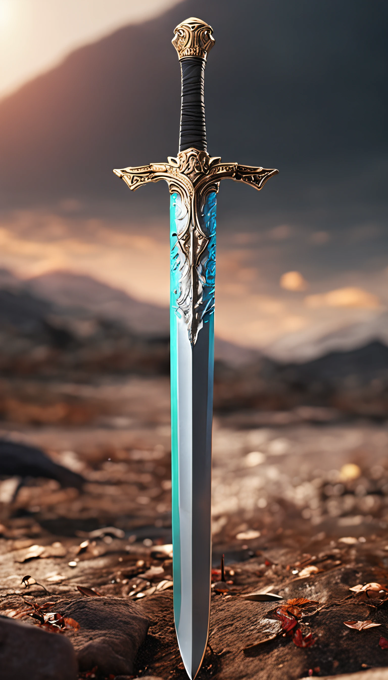 (Outstanding、Professional、Surreal)、Detailed sword, Metallic texture, Lying on the ground