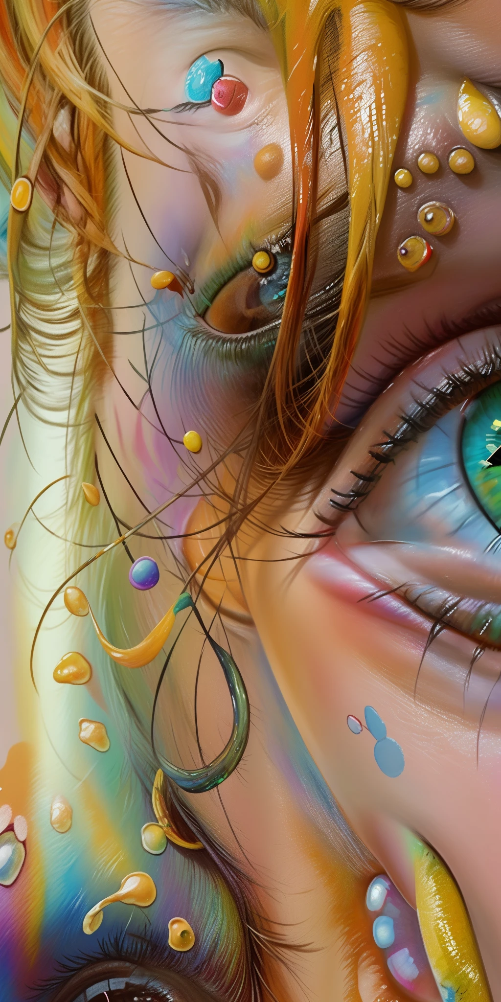 a close up of a person with a painted face and eyes, vibrant colors hyper realism, hyperrealistic digital painting, ultra realistic digital painting, detailed realistic painting, hyperrealistic digital art, realistic detailed painting, ultrarealistic digital art, colorful hyperrealism, hyper realistic digital painting, highly realistic digital art, ultra realistic painting, ultra-realistic digital art, ultra realistic oil painting