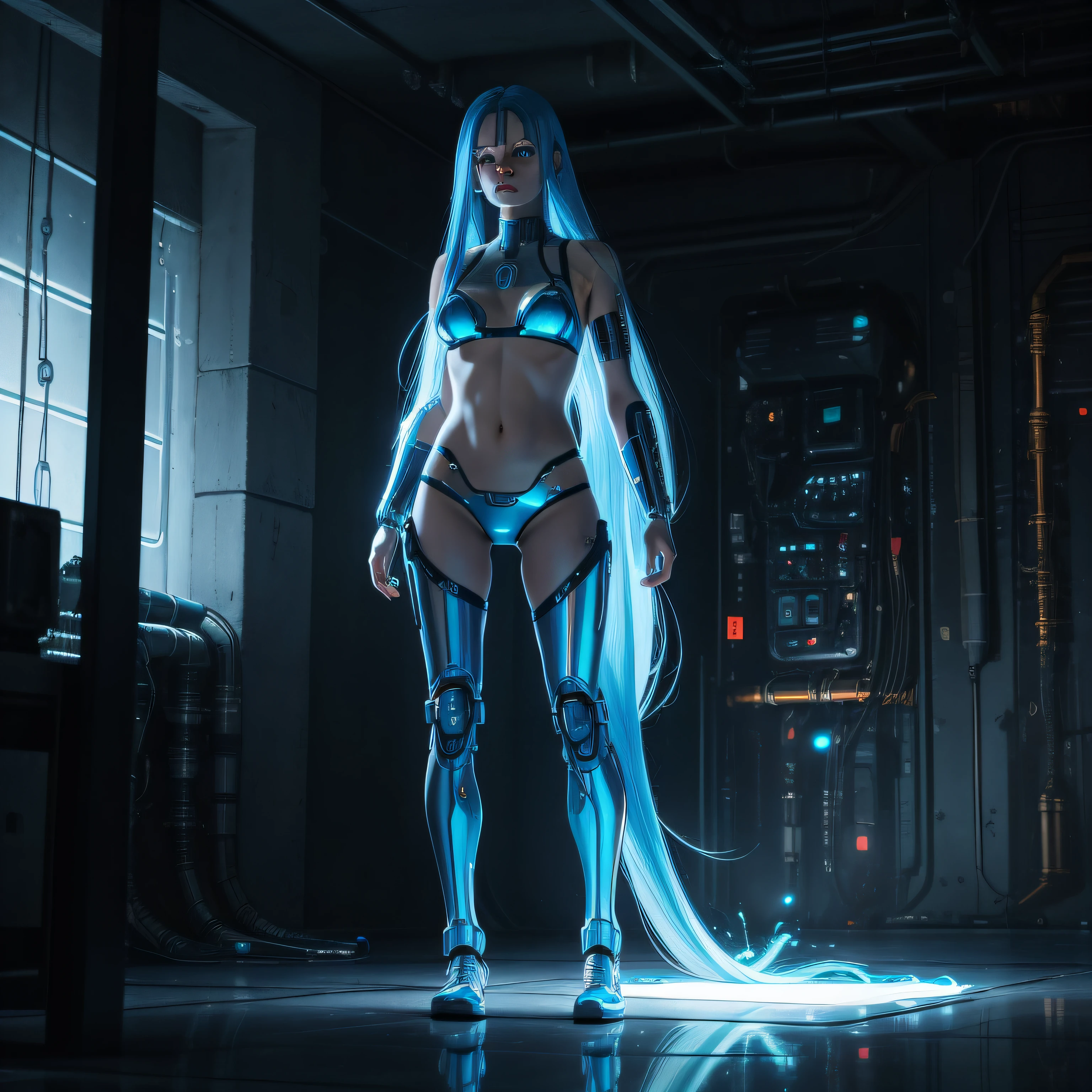 Create and image of a puerile cyborg girl with long blue hair down to her feet, she wears a cybernetic bikini and she resembles the T1000 from the movie Terminator with the body made of liquid metal similar to circuit boards, The girl is inside an Egyptian room inside a pyramid., e parece estar levitando