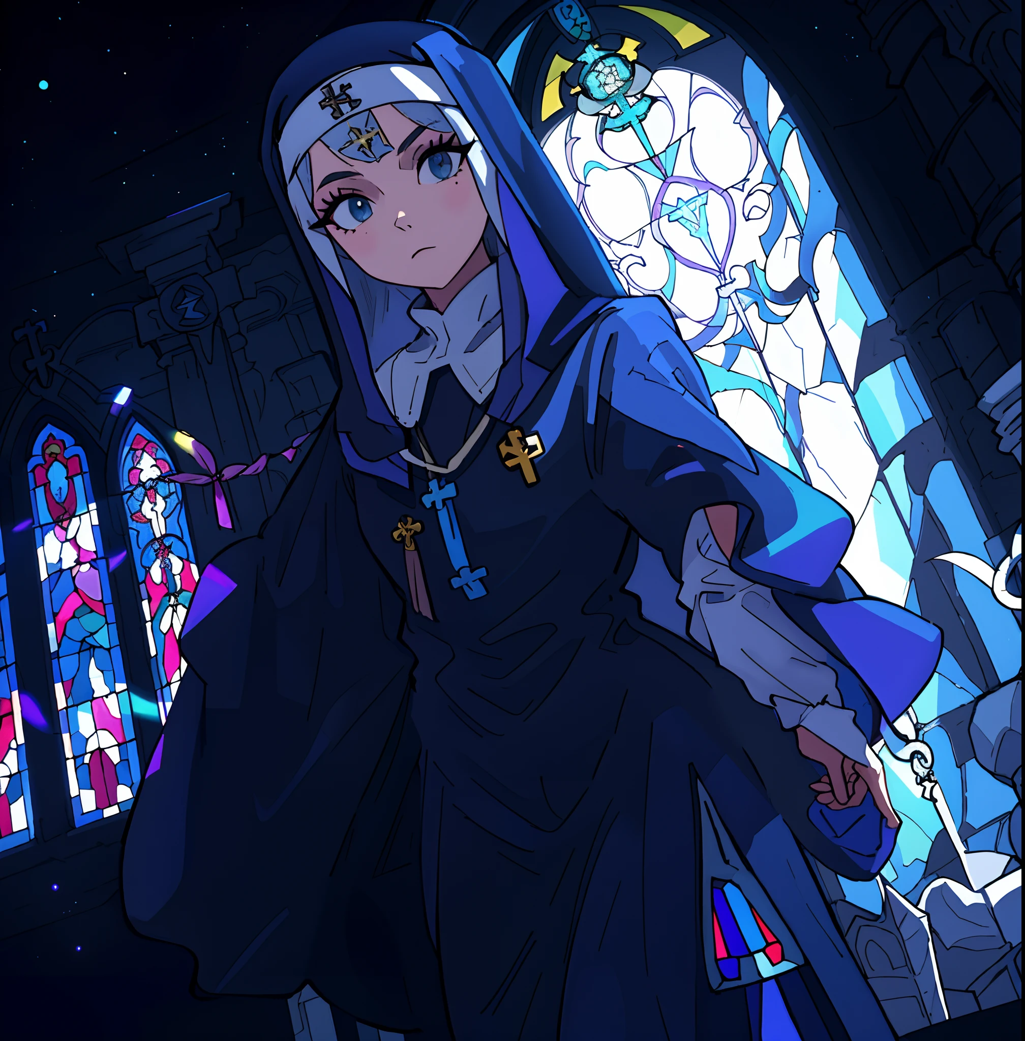 (( anatomicamente correto, boa qualidade, obra prima )) Anime woman dressed as nun standing in front of multicolored stained glass window, cabelos lisos e muito longos, (((cabelos azul claro))), arte de jogo de RPG, jovem, Nice, androide, corpo escultural, (((cleriga feminina bonita))), fantasia, misteriosa e elegante, numa catedral antiga e bem iluminada, ((wearing necklace with religious symbol))