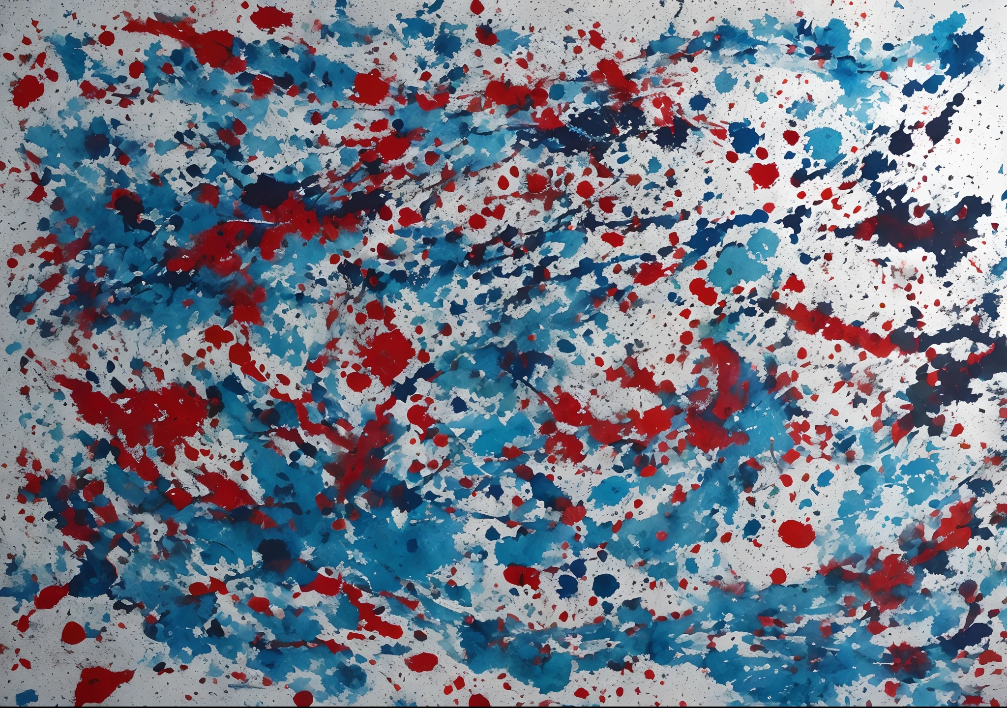 painting of a blue and red splattered paint on a white surface, no estilo de jackson pollock, inspirado em Pollock, inspirado em Jackson Pollock, tinta vermelha e ciano, Tinta splatter sobre papel, inspirado por Sam Francis, inspired by Shōzō Shimamoto, pintura por gotejamento, alguma tinta borrifada, Action painting, inspirado em Jean-Paul Riopelle