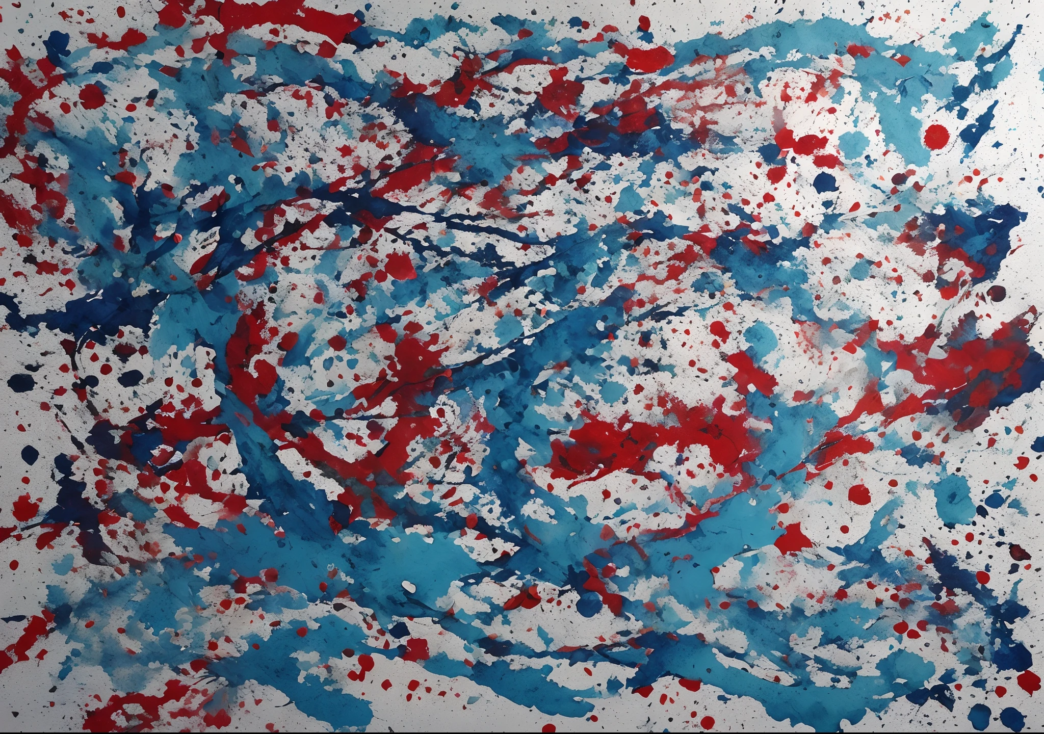 painting of a blue and red splattered paint on a white surface, no estilo de jackson pollock, inspirado em Pollock, inspirado em Jackson Pollock, tinta vermelha e ciano, Tinta splatter sobre papel, inspirado por Sam Francis, inspired by Shōzō Shimamoto, pintura por gotejamento, alguma tinta borrifada, Action painting, inspirado em Jean-Paul Riopelle