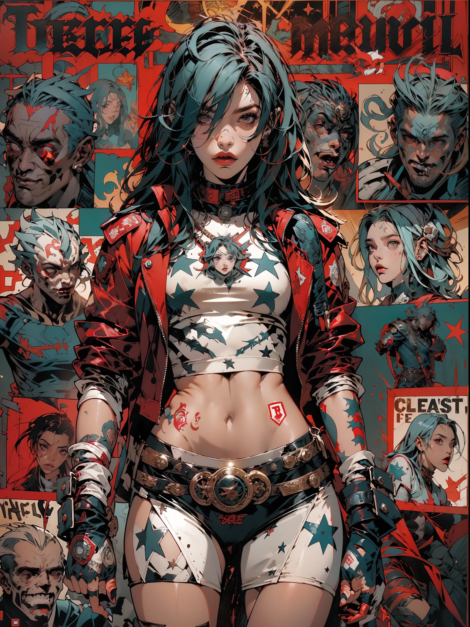 (((mulher))), (((melhor qualidade))), (((obra prima))), (((adulto))), (((1girl))), ((( corte de cabelo bob ))), Uma gladiadora cyberpunk mulher de 25 anos com corpo perfeito, shoulder pads with metal spines, Gladiadores do Brooklyn, (( corte de cabelo bob )), tiny leather panties, camiseta de time de rugby rasgada, quase nua no estilo selvagem urbano de Simon Bisley para a capa da revista Heavy Metal, Cabelo loiro curto, Minimum clothing, Metal protection on the left arm with intricate graphics, Dark red with white stars and teal and white checkerboard pattern, armadura, cheio de pontas e rebites, (((do joelho pra cima))), cabelos loiro branco curto, no fundo uma parede pintada por Shepard Fairey com um design intrincado
