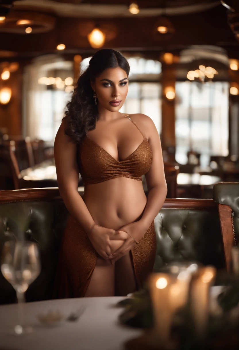portrait of araffe woman in a restaurant, with luxurious and rich apparel, photorealistic perfect body, voluptuous body, realistic shaded perfect body, giant stunning goddess shot, beautiful goddess, hyperrealistic full figure, thick body, curvy body, beautiful curves, curvy model, long curvy black hair, brown hair and a perfect body, perfect body, nsfw huge breasts