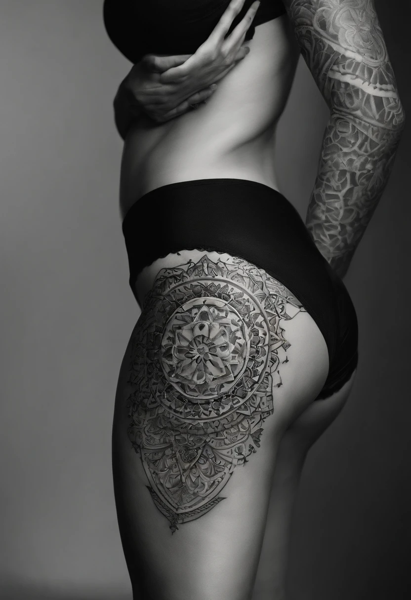 woman body defined thick thighs cybernetic body parts , Short Underwear A tattoo inspiring power and sensitivity, Related to the Law of Attraction, adequado para homens, algo incomum, black and white that would fit on a full arm