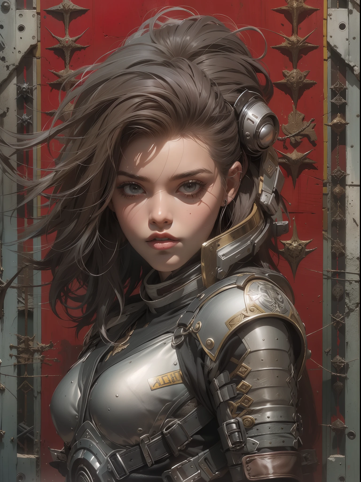 (((mulher))), (((melhor qualidade))), (((obra prima))), (((adulto))), (((1girl))), ((( corte de cabelo moicano ))), Uma gladiadora cyberpunk mulher de 25 anos com corpo perfeito, alien armor, h.r. Estilo Giger, shoulder pads with metal spines, Gladiadores do Brooklyn, (( corte de cabelo moicano )), tiny leather panties, camiseta de time de rugby rasgada, quase nua no estilo selvagem urbano de Simon Bisley para a capa da revista Heavy Metal, Cabelo loiro curto, Minimum clothing, Metal protection on the left arm with intricate graphics, Dark red with white stars and black and white checkerboard pattern, armadura, cheio de pontas e rebites, (((do joelho pra cima))), cabelos loiro branco curto, no fundo uma parede pintada por Shepard Fairey com um design intrincado