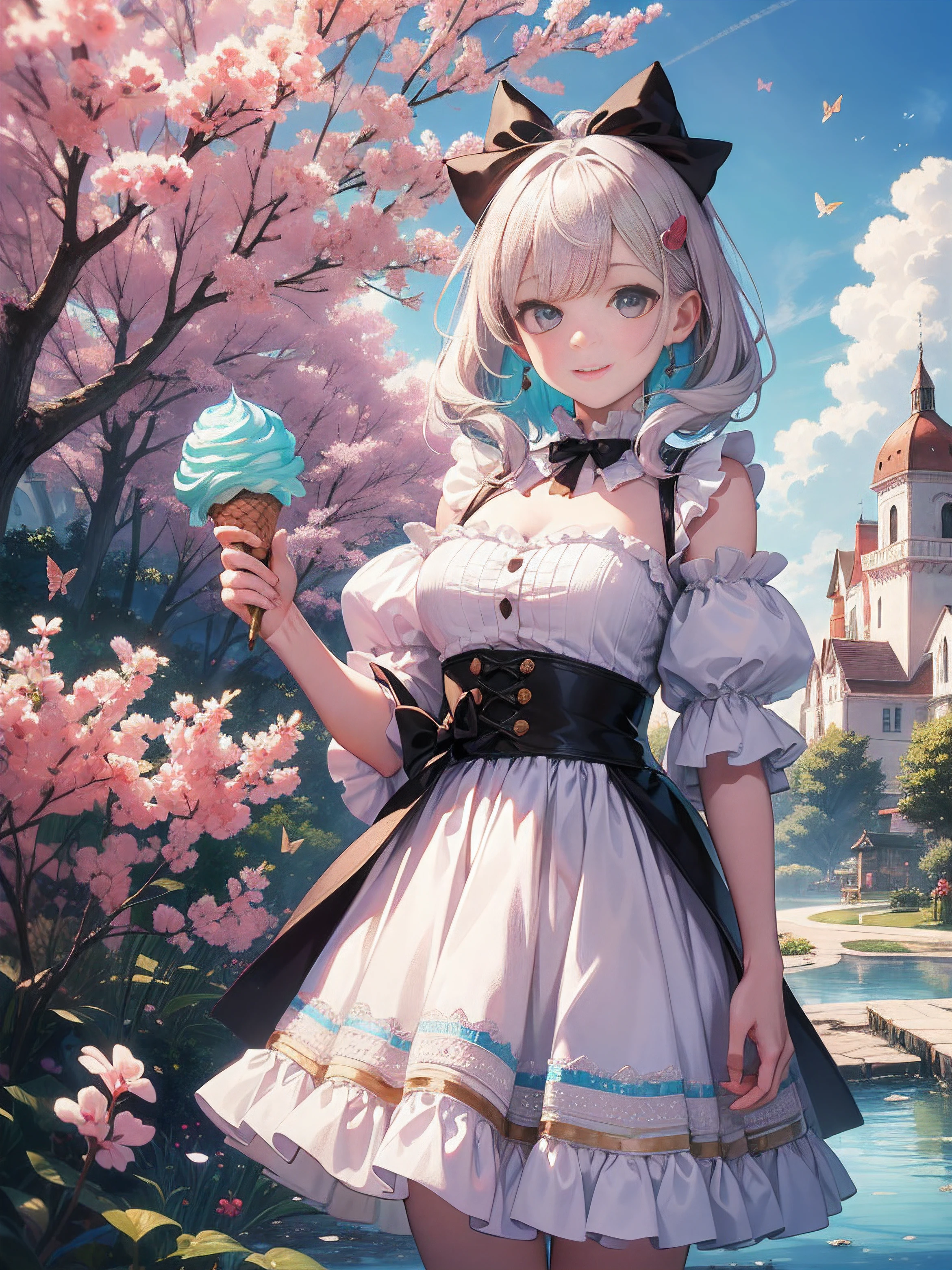 a girl in an ice cream land, vibrant and colorful, enjoying a sunny day, surrounded by giant, melting ice cream cones and lollipop trees, with fluffy cotton candy clouds floating in the sky. She is wearing a pretty summer dress, holding an ice cream cone in her hand, with a happy expression on her face. The ice cream cones are overflowing with delicious flavors and toppings, each one unique and tempting. The land is made of creamy, soft-serve ice cream, with sprinkles and chocolate syrup creating a whimsical and mouthwatering landscape. The girl is standing on a path made of waffle cones, leading her to an enchanting ice cream castle in the distance. The castle is decorated with candy cane towers and sugar cone turrets, sparkling in the sun. Butterflies made of cotton candy flutter around, adding a touch of magic to the scene. The colors of the land are bright and vibrant, with a joyful and playful atmosphere. The lighting is soft and warm, casting a gentle glow on everything, creating a dream-like ambiance. The entire scene is of the best quality, high resolution, and ultra-detailed, with realistic textures and vivid colors. The art style is a mix of illustrations and photography, creating a unique and mesmerizing visual experience. The overall color tone is pastel and candy-inspired, with shades of pink, blue, and yellow dominating the palette. The prompt should convey the sense of joy, sweetness, and wonder that comes with being in an ice cream land. (best quality,4k,8k,highres,masterpiece:1.2),ultra-detailed,(realistic,photorealistic,photo-realistic:1.37),vivid colors,cotton candy clouds,fluffy clouds,lollipop trees,giant ice cream cones,girl in a pretty summer dress,ice cream castle,whimsical landscape,candy cane towers,sugar cone turrets,bright and vibrant colors,soft and warm lighting,pastel and candy-inspired color tone