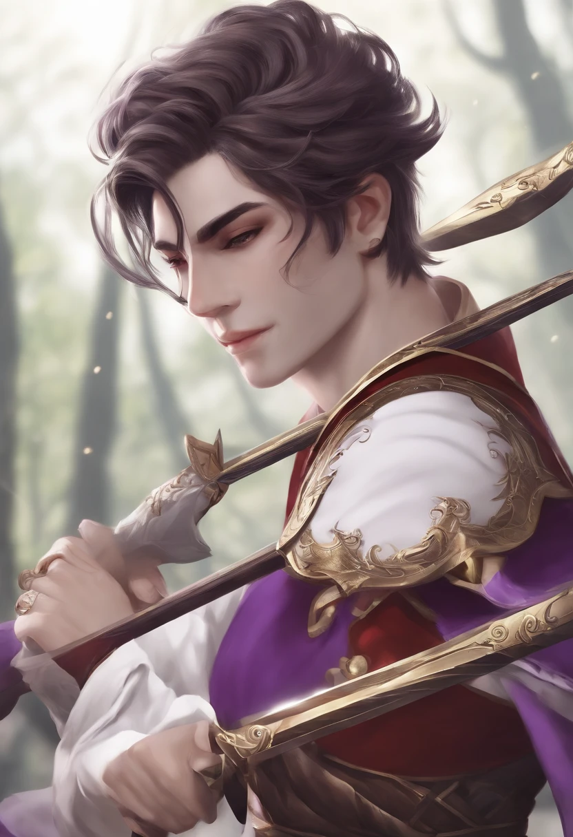 imagine essa imagem personagem de anime com cabelo roxo e roupa roxa segurando uma espada, bobo medieval, bobo da corte, bobo masculino, jester themed, Homem em uma fantasia de bobo, inspirado em Matsumura Goshun, corpo inteiro branco roxo manto, carrying a magical staff, corpo inteiro roxo e manto branco, esgrimista de anime, personagem de fantasia, t-pose do assistente, bobo da corte, with better defined strokes and in other positions, Do it with the same clothes and the same colors, I don't change or add details to the design, just make a better designed version.