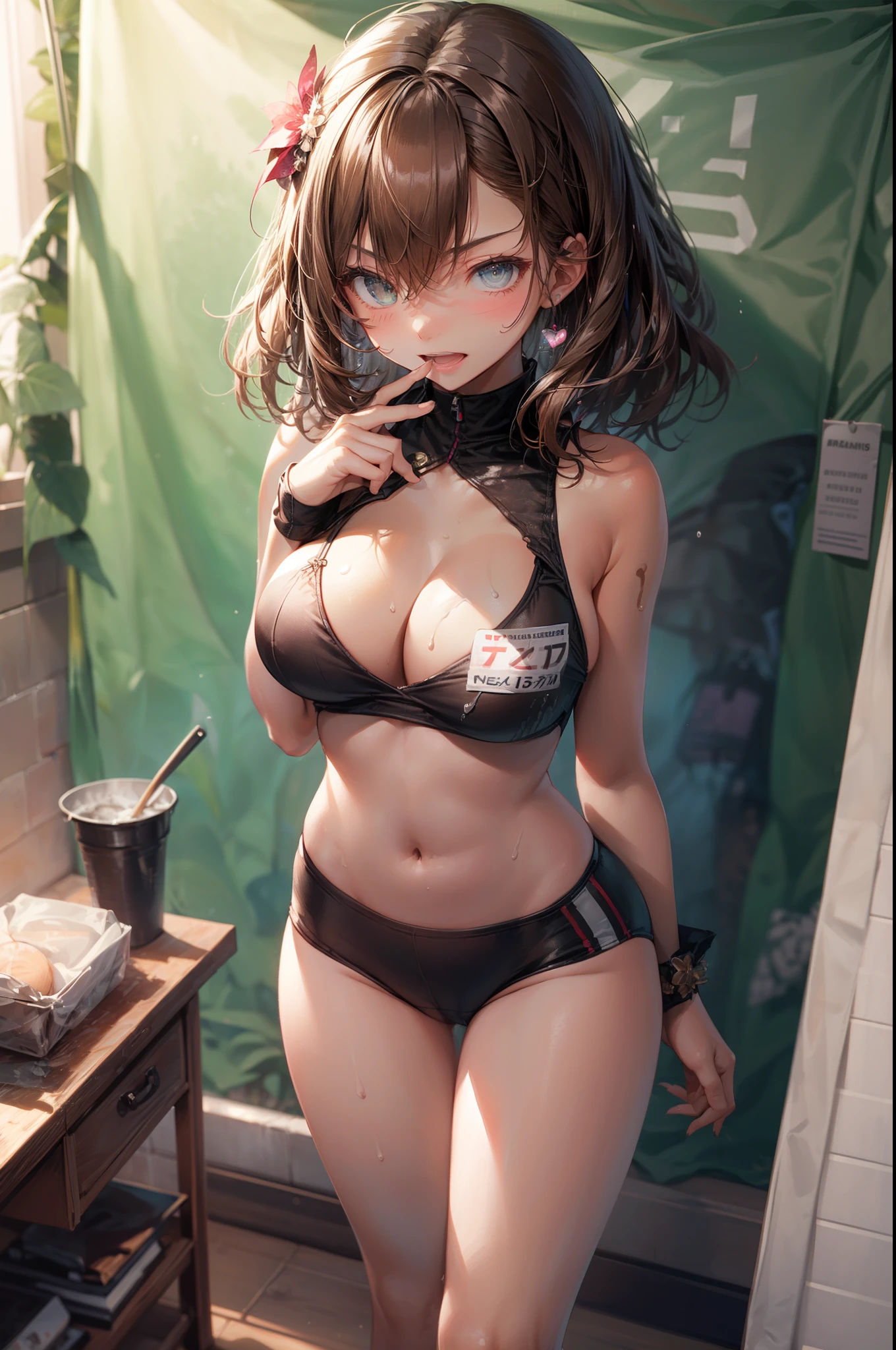 top-quality　Misaka Mikoto　 School Bra　Beige shorts　　　　Cool look　　small tits　　１６age　　in the room　sexypose　Miwaki　Armpit sweat　sodden　　Ecstasy face((masutepiece)), (1 girl:2.0), (extra detailed face, Smiling), Short haircut, Brown hair, Petite, (Thin Build), (a japanese girl), ((Athletics Club Member, Long-distance runner)), Slightly round face, (Tanned brown face:1.6), Cute, Big eyes,(3 point perspective:1.1)、(Colossal tits:1.5)、(heat:1.1), Solo it、tome、tome、tome、tome、tome、tome、tome、Summer uniform:,Exquisitely shining beautiful legs:1.1) (Shining thighs:1,5) (Shining big:1.2) (tits out:1.5) (Elaborate and intricate backgrounds:1.2)、 (More moist and oily skin:1.1)、mano(References)5(References)mano、(Highest quality of limbs:1.0)、(Shiny skin elaborately moist body:1.4) (glistning skin:1.2)、 (Photorealsitic:0.9)、Summer uniform,tenki no ko,masutepiece, 1 girl, Solo, lightsmile, Big, Underbust, cleavage, heart pupils, opening, Long hair, Super long hair, forest, (hand to mouth: 1.3), hands on one's face, One girl, Crotch, Big, Navel, , (masutepiece, of the highest quality), horizontal lightning, Fine and beautiful eyes, Angry face, Madness, Open mouth, Scream, rough-faced, blush, Sweat, Mask, 1 girl, Big, Indoors, Bedroom, Hands on chest, Mask, Big, Whip