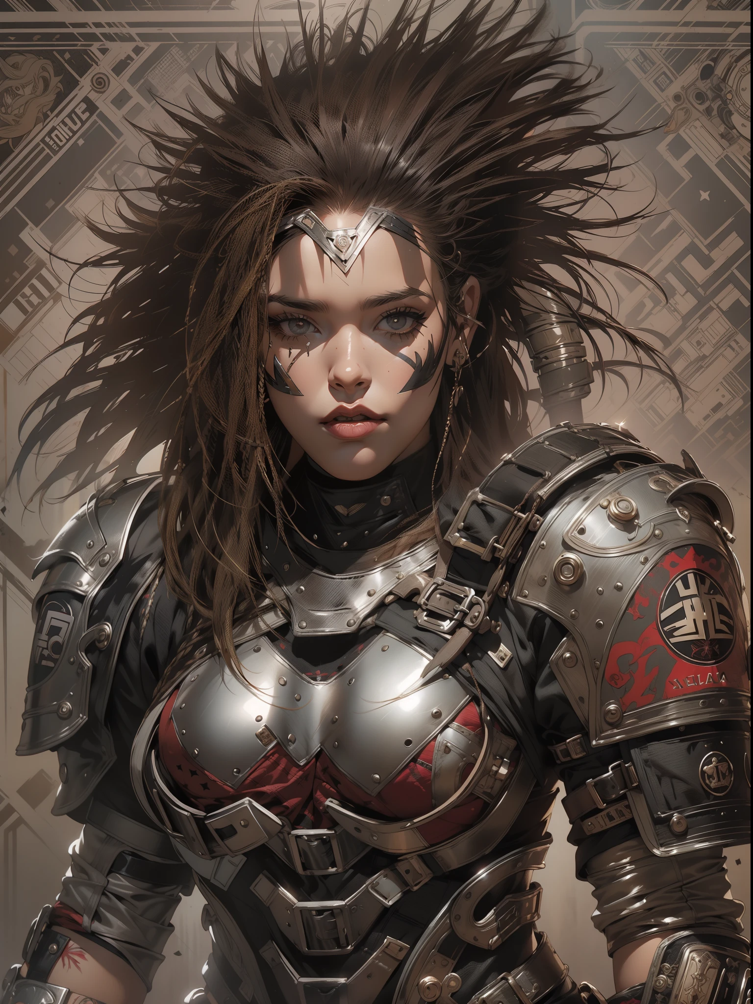(((mulher))), (((melhor qualidade))), (((obra prima))), (((adulto))), (((1girl))), ((( corte de cabelo moicano ))), Uma gladiadora cyberpunk mulher de 25 anos com corpo perfeito, alien armor, h.r. Estilo Giger, shoulder pads with metal spines, Gladiadores do Brooklyn, (( corte de cabelo moicano )), tiny leather panties, camiseta de time de rugby rasgada, quase nua no estilo selvagem urbano de Simon Bisley para a capa da revista Heavy Metal, Cabelo loiro curto, Minimum clothing, Metal protection on the left arm with intricate graphics, Dark red with white stars and black and white checkerboard pattern, armadura, cheio de pontas e rebites, (((do joelho pra cima))), cabelos loiro branco curto, no fundo uma parede pintada por Shepard Fairey com um design intrincado