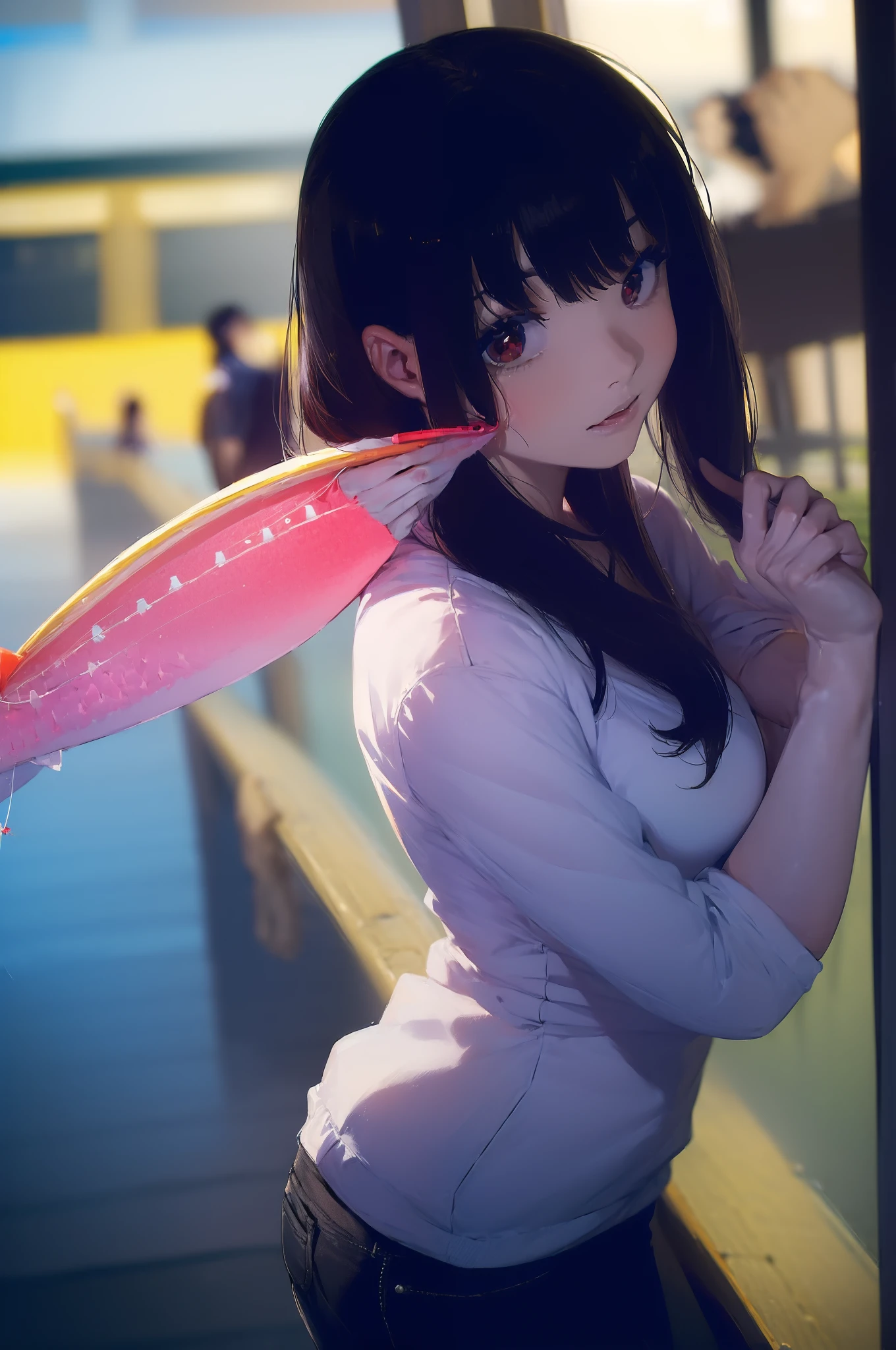 ((((having a lure:1.5)))),((Female 28 years old)),((Best Quality:1.5)),(((Hands with the correct number and structure of fingers:1.4))),((riverside:1.37)),hight resolution,ultra-detailliert,​masterpiece,best qualtiy,(Eight-headed body),Black hair, long eyes-lashes, Solid Circle Eyes, drop shadow, Atmospheric perspective,Super Detail, ccurate, small brest,(Black jacket and black jeans :1.1),top-quality, blurry backround, bokeh dof:1.2, (​masterpiece:1.3),  Atmospheric perspective,Super Detail,dynamic compositions,