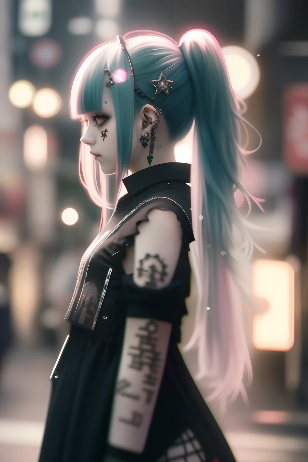 Photorealsitic, hight resolution, 1 rapariga, Korea person, Heterochromia eyes, small moles under eyes,Previous、from the front side、Cowboy Shot、miku hatsune、Green hair、The bikini、Sleeveless、The tattoo、bright red、Really red、Red、Red-haired、rot、red hairs、head phone、🎧、goth_punk, 1girl in, Walking in Harajuku, ((during night)), bokeh dof, Neon light, Iridescent eyes, starrysky, red glowing hair, Black eyebrows, Radiant hair, (iridescent red hair), 耳Nipple Ring, bangss, jewely,, bluntbangs, verd s eyes, blurry backround, bblurry, hair adornments, Look at viewers, shorth hair, portraitures, side locks