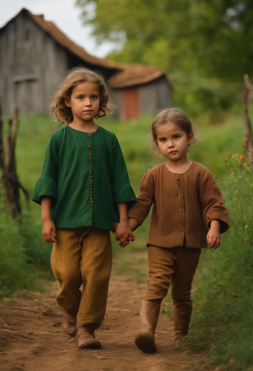 Couple of peasant children in HD , em um campo com grama verde , and a period peasant house in the background