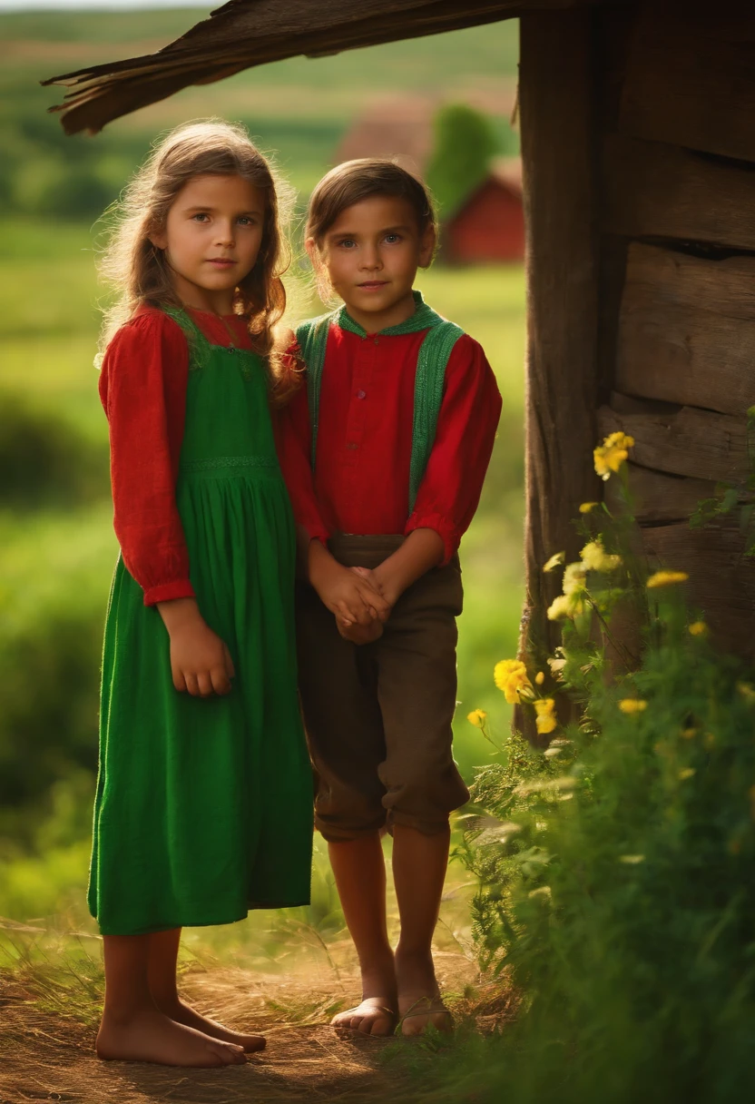 Couple of peasant children in HD , em um campo com grama verde , and a period peasant house in the background