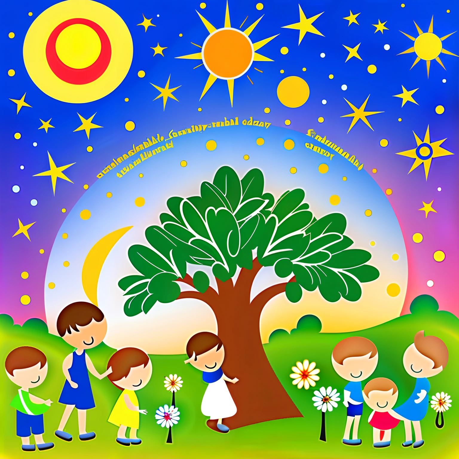 A stylized illustration of a large, leafy tree, simbolizando a Terra. Around the tree, You can put several people of different ethnicities and cultures, representando a diversidade da humanidade como "Filhos da terra". As pessoas podem estar segurando ferramentas de plantio, como enxadas, simbolizando nosso papel como cultivadores da Terra, but also as children of God. Ao fundo, You can add a radiant sun or a starry sky to emphasize the connection with something more celestial. This will convey the idea that we are all children of God and the responsibility we have to care for and cultivate the earth He has given us.