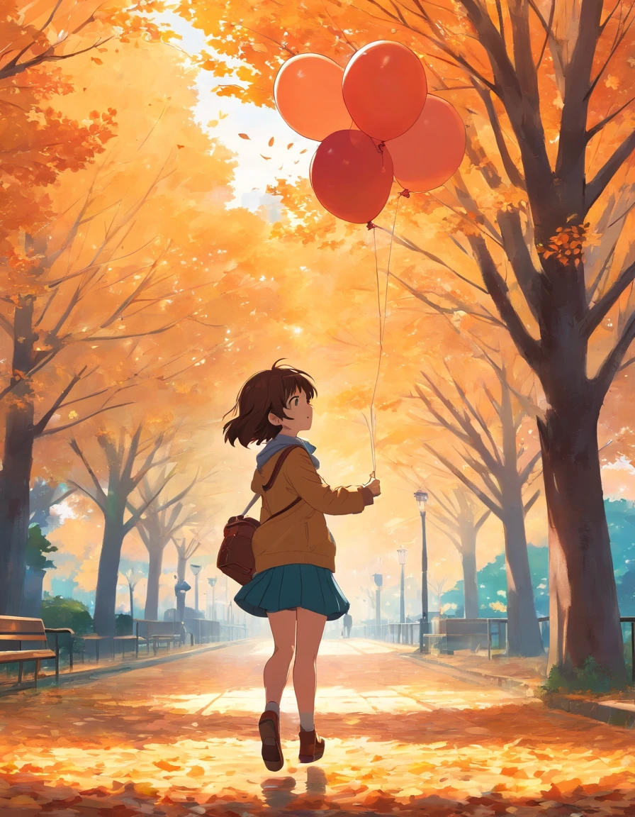 Cute girl is playing with balloon in autumn park