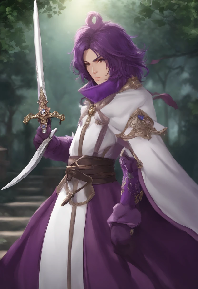 personagem de anime com cabelo roxo e roupa roxa segurando uma espada, bobo medieval, bobo da corte, bobo masculino, jester themed, Homem em uma fantasia de bobo, inspirado em Matsumura Goshun, corpo inteiro branco roxo manto, carrying a magical staff, corpo inteiro roxo e manto branco, esgrimista de anime, personagem de fantasia, t-pose do assistente, bobo da corte, melhore este desenho, Do not change anything in the clothes, Continue with the three-pointed hat, com as espadas nas costas, Don't add anything to the drawing.