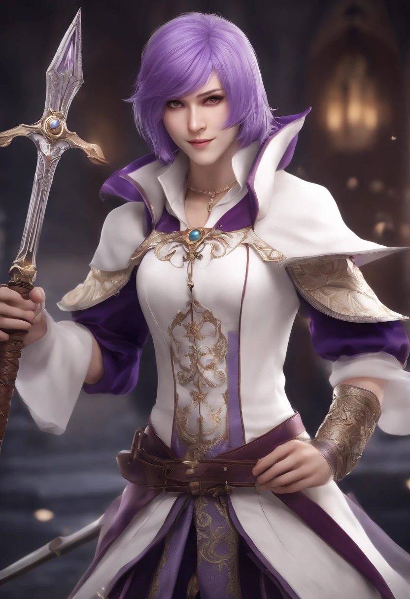personagem de anime com cabelo roxo e roupa roxa segurando uma espada, bobo medieval, bobo da corte, bobo masculino, jester themed, Homem em uma fantasia de bobo, inspirado em Matsumura Goshun, corpo inteiro branco roxo manto, carrying a magical staff, corpo inteiro roxo e manto branco, esgrimista de anime, personagem de fantasia, t-pose do assistente, bobo da corte, melhore este desenho, Do not change anything in the clothes, Continue with the three-pointed hat, com as espadas nas costas, Don't add anything to the drawing.