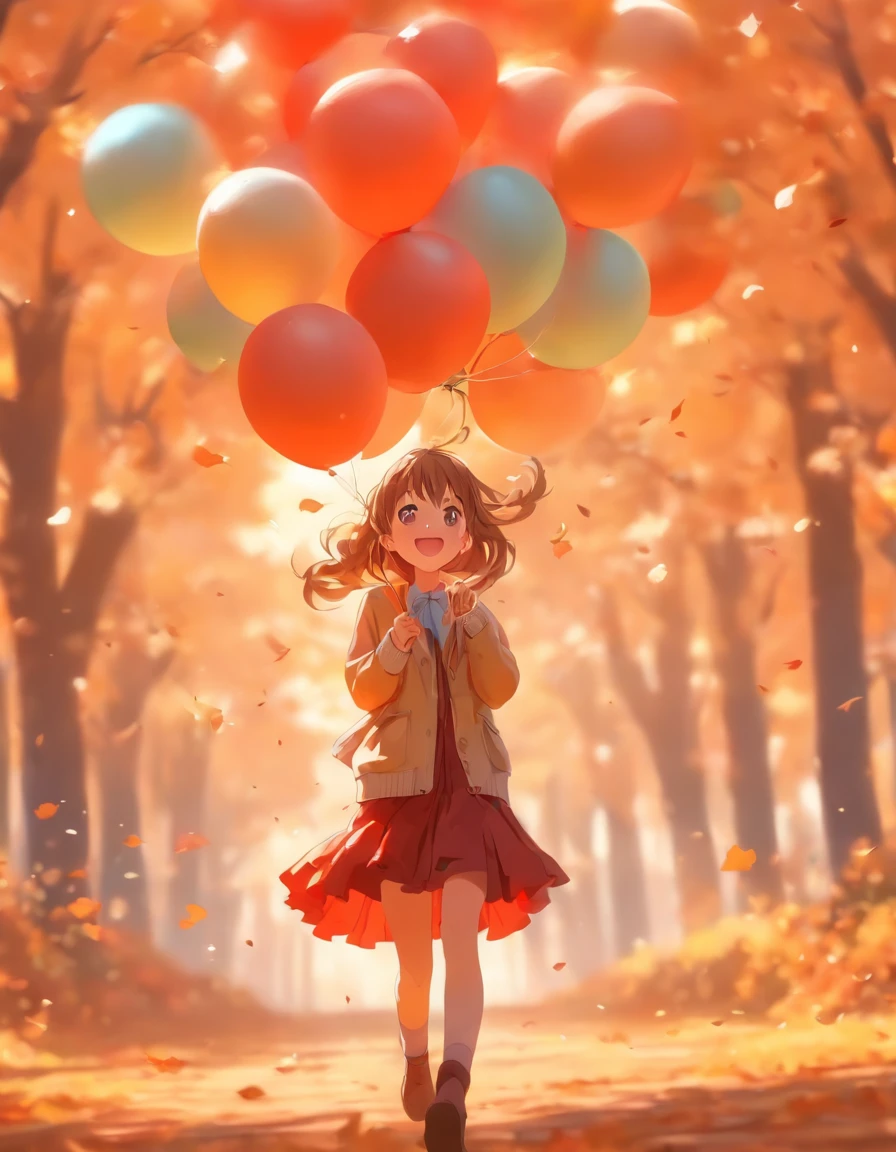 Cute girl 16 years old is playing with balloon in autumn park