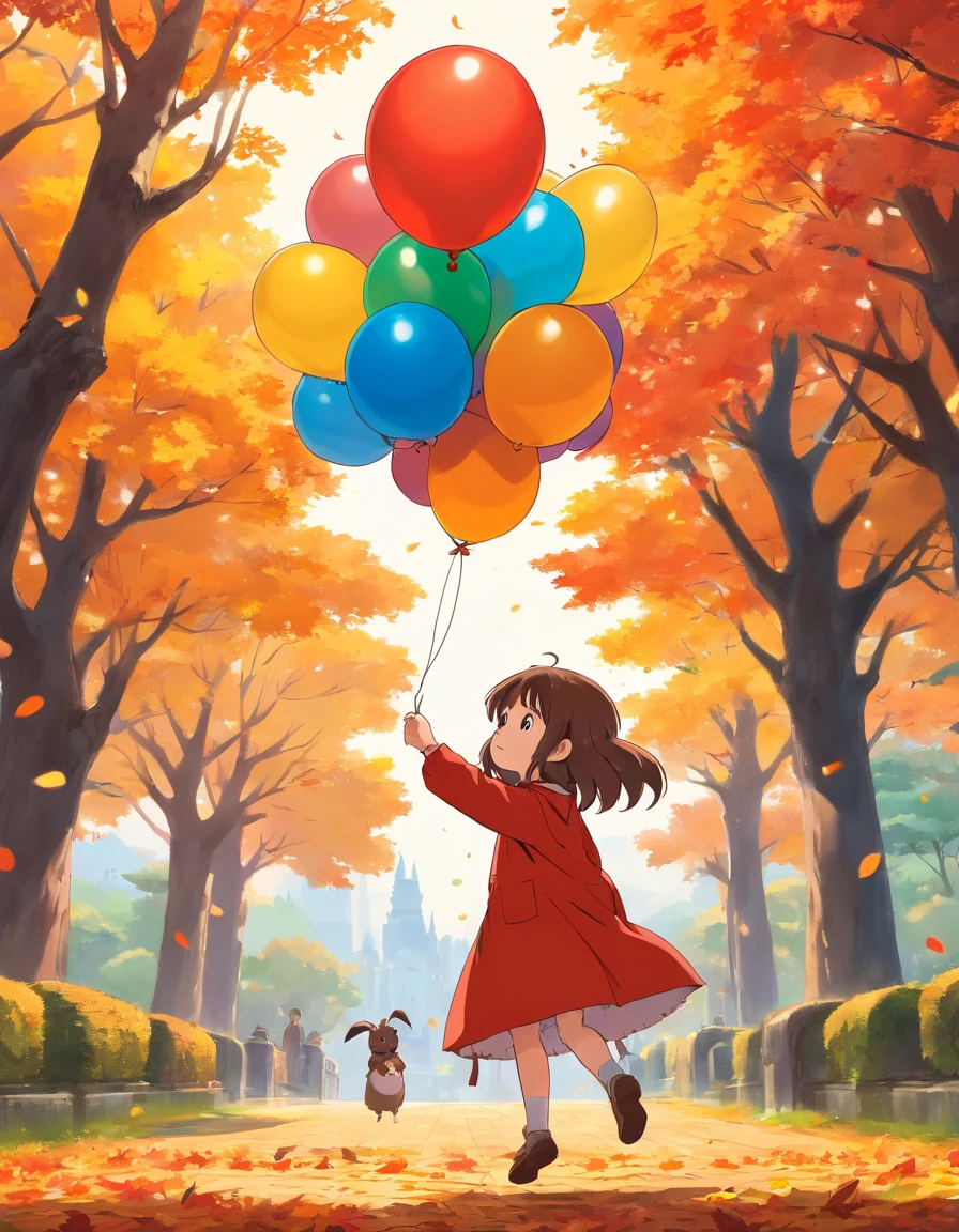 Cute girl 16 years old is playing with balloon in autumn park