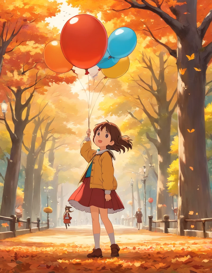 Cute girl 16 years old is playing with balloon in autumn park