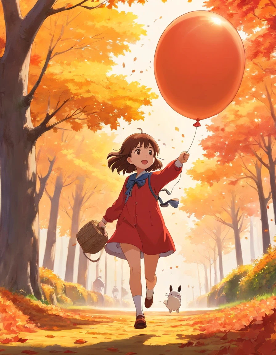 Cute girl 16 years old is playing with balloon in autumn park