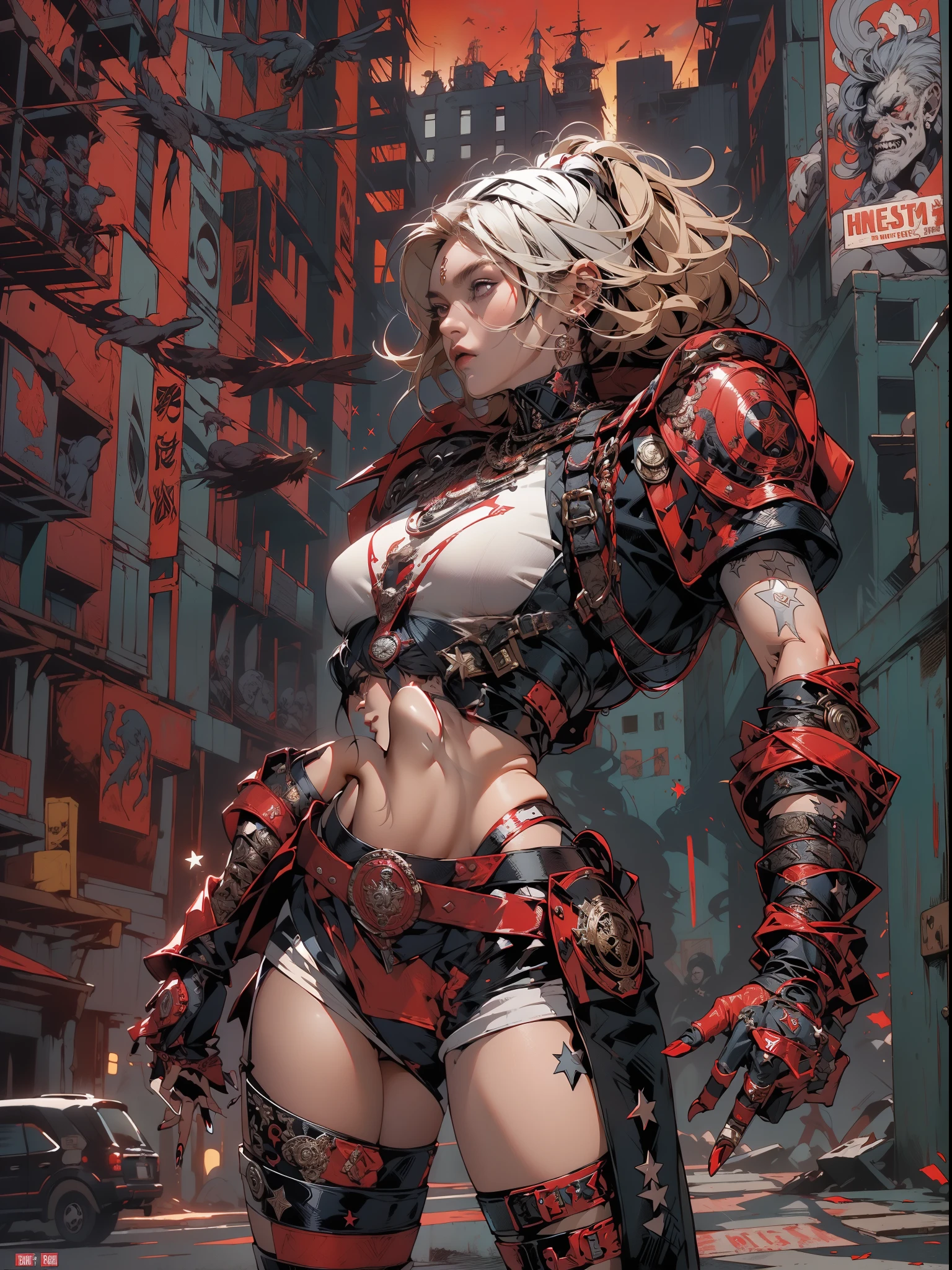 (((mulher))), (((melhor qualidade))), (((obra prima))), (((adulto))), (((1girl))), ((( corte de cabelo bob ))), Uma gladiadora cyberpunk mulher de 25 anos com corpo perfeito, shoulder pads with metal spines, Gladiadores do Brooklyn, (( corte de cabelo bob )), tiny leather panties, camiseta de time de rugby rasgada, quase nua no estilo selvagem urbano de Simon Bisley para a capa da revista Heavy Metal, Cabelo loiro curto, Minimum clothing, Metal protection on the left arm with intricate graphics, Dark red with white stars and navy blue and white checkerboard pattern, armadura, cheio de pontas e rebites, (((do joelho pra cima))), cabelos loiro branco curto, no fundo uma parede pintada por Shepard Fairey com um design intrincado