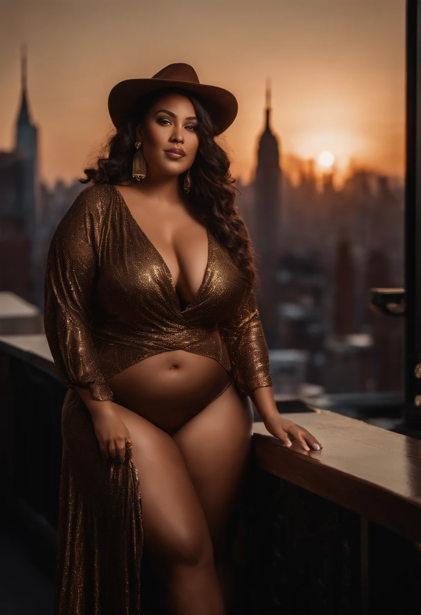 portrait of araffe woman in a rooftop bar in NYC, with luxurious and rich apparel, photorealistic perfect body, voluptuous body, realistic shaded perfect body, giant stunning goddess shot, beautiful goddess, hyperrealistic full figure, thick body, curvy body, beautiful curves, curvy model, long curvy black hair, brown hair and a perfect body, perfect body, nsfw huge breasts; natural and even low light lighting, large depth of field, f/16 depth of field