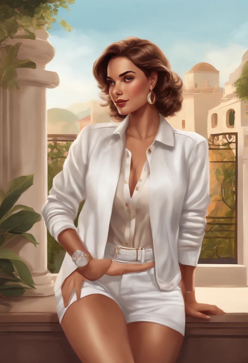 Make a realistic version of this cartoon cartoon of a woman in a white jacket and white shorts, retrato de corpo inteiro de um curto!, Pose casual, conceito de corpo inteiro, !!retrato de corpo inteiro!!, conceito de personagem irrealista, character is in her natural pose, Retrato de corpo inteiro do personagem, fanart menina urbana, cel - estilo de arte sombreado, full length illustration, retrato de corpo inteiro, cel sombreado:15