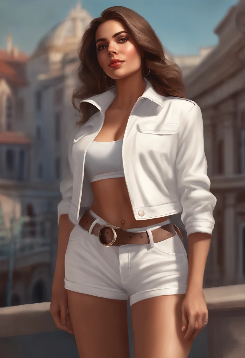 Make a realistic version of this cartoon cartoon of a woman in a white jacket and white shorts, retrato de corpo inteiro de um curto!, Pose casual, conceito de corpo inteiro, !!retrato de corpo inteiro!!, conceito de personagem irrealista, character is in her natural pose, Retrato de corpo inteiro do personagem, fanart menina urbana, cel - estilo de arte sombreado, full length illustration, retrato de corpo inteiro, cel sombreado:15