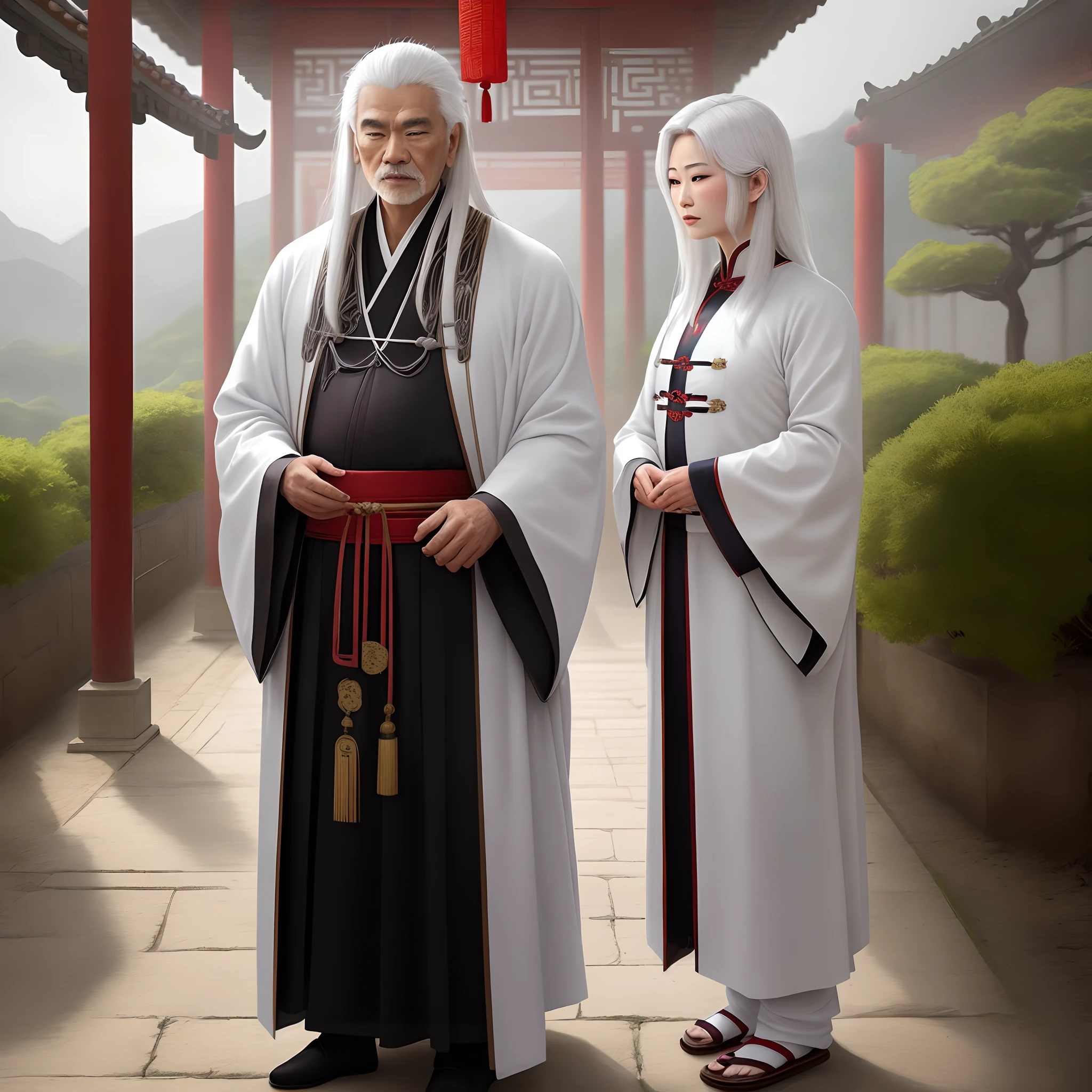 Um velho de cabelos grisalhos,Sentado sob o penhasco,Sombra traseira,foto lateral,long, whitish hair,Trajes chineses,Ancient Chinese environment,Taoist robes,