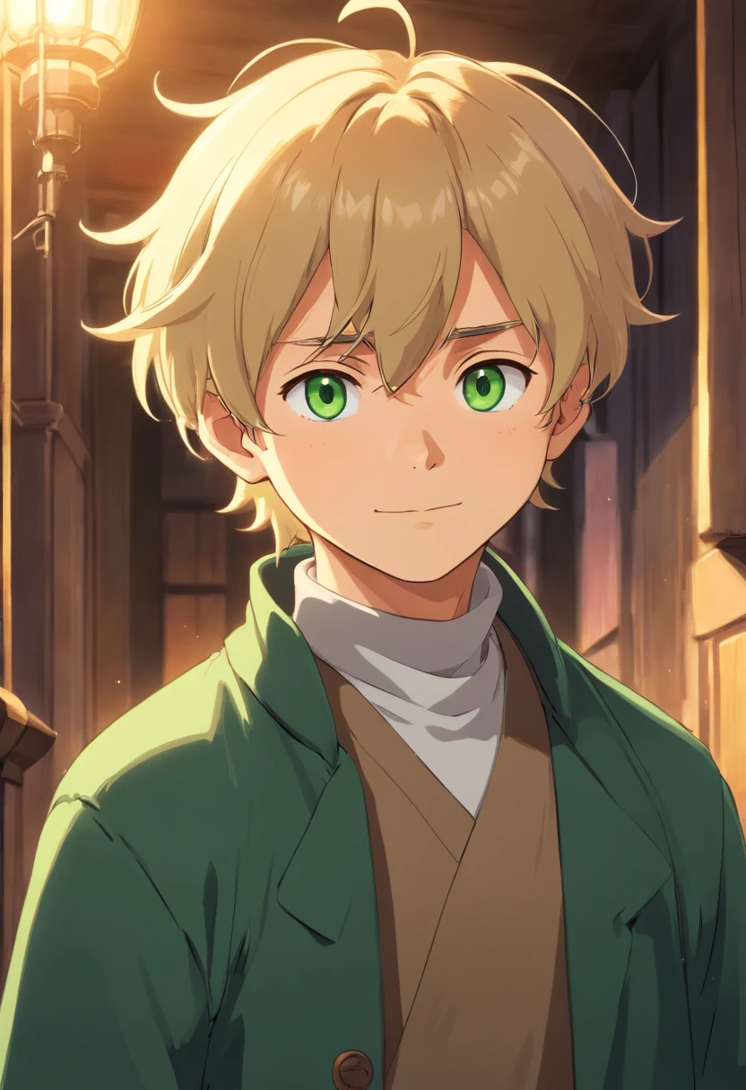 ung boy, blonde man, hair in a ponytail, Long Split Bangs, gray eyes, black turtleneck, green coat, smirk, (Rich in detail), tmasterpiece, 独奏,illumination,Light,dinamic angle,Depth of field,light and shadow, Real Light and Shadow, diffuse reflection, Outstanding picture quality