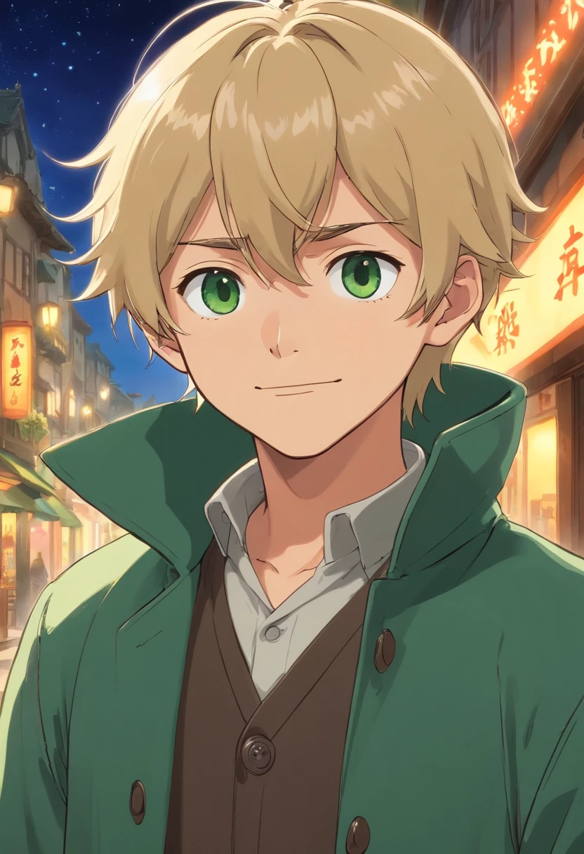 1 young boy, blonde man, hair in a ponytail, Long Split Bangs, gray eyes, black turtleneck, green coat, smirk, (Rich in detail), tmasterpiece, 独奏,illumination,Light,dinamic angle,Depth of field,light and shadow, Real Light and Shadow, diffuse reflection, Outstanding picture quality