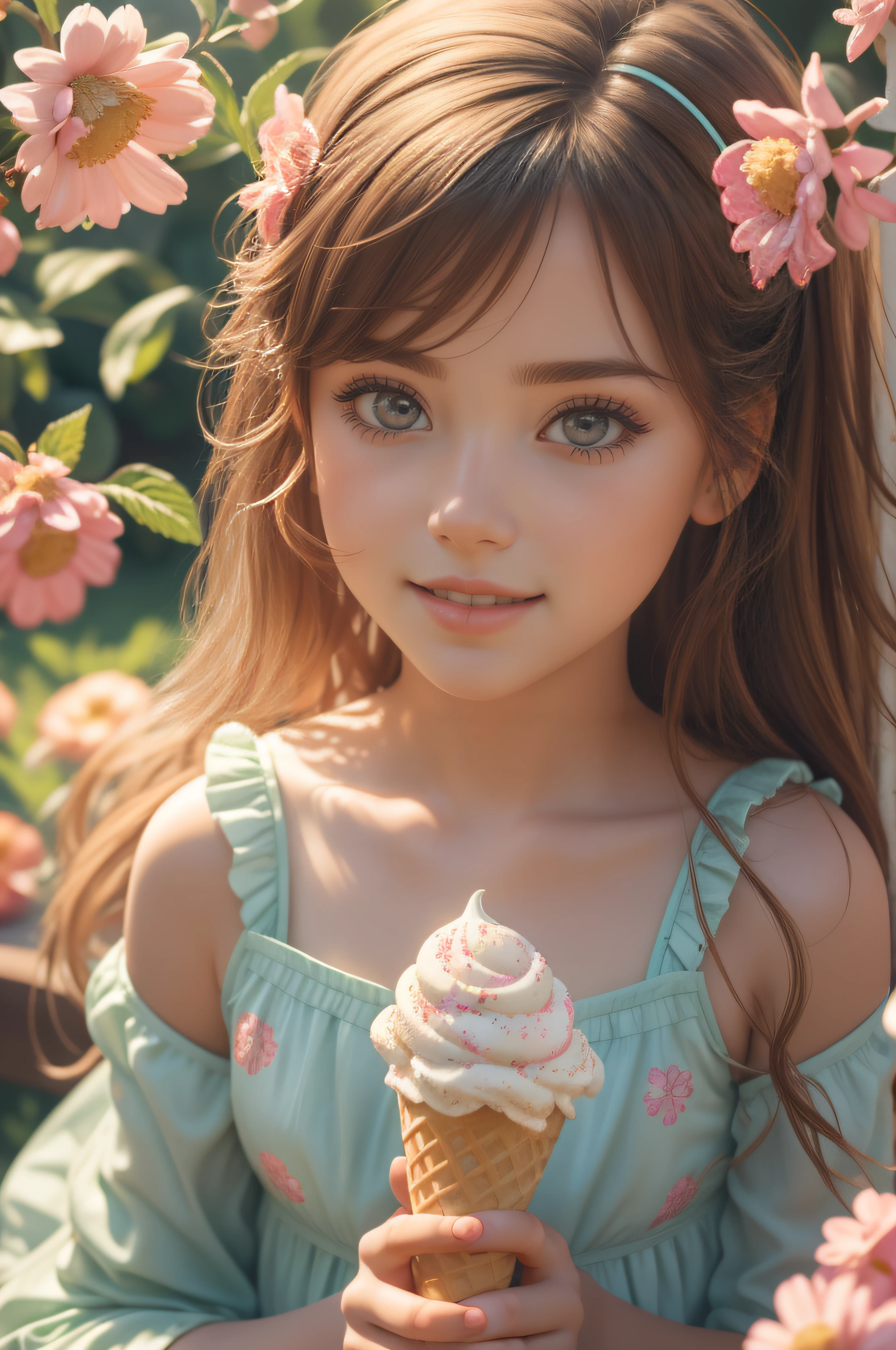 In an ice cream wonderland, a girl with beautiful detailed eyes and lips stands in a vibrant garden surrounded by colorful flowers and delicious ice cream cones. She is wearing a sundress that matches the pastel colors of the ice cream flavors. The garden is filled with the joyful sound of children laughing and eating ice cream. The ice cream cones are perfectly crafted with ultra-detailed swirls of various flavors, from strawberry to mint chocolate chip. The girl's eyes sparkle with excitement as she takes a lick of her ice cream cone, the creamy texture and vibrant colors creating a feast for the senses. The scene is captured in a medium of vivid colors and sharp focus, emphasizing the mouth-watering details of the ice cream cones and the lushness of the garden. The lighting is soft and warm, casting a gentle glow over the entire scene. It's a masterpiece of summer delight and indulgence, a visual treat that celebrates the joy and sweetness of life. ((solo))
(best quality,4k,8k,highres,masterpiece:1.2),ultra-detailed,(realistic,photorealistic,photo-realistic:1.37),medium,portraits,vibrant colors,ice cream flavors,sundress,colorful flowers,joyful laughter,children,eating ice cream,swirls,strawberry,mint chocolate chip,sparkling eyes,lick,creamy texture,feast for the senses,soft lighting,warm glow,summer delight,indulgence,visual treat,joy,sweetness.
