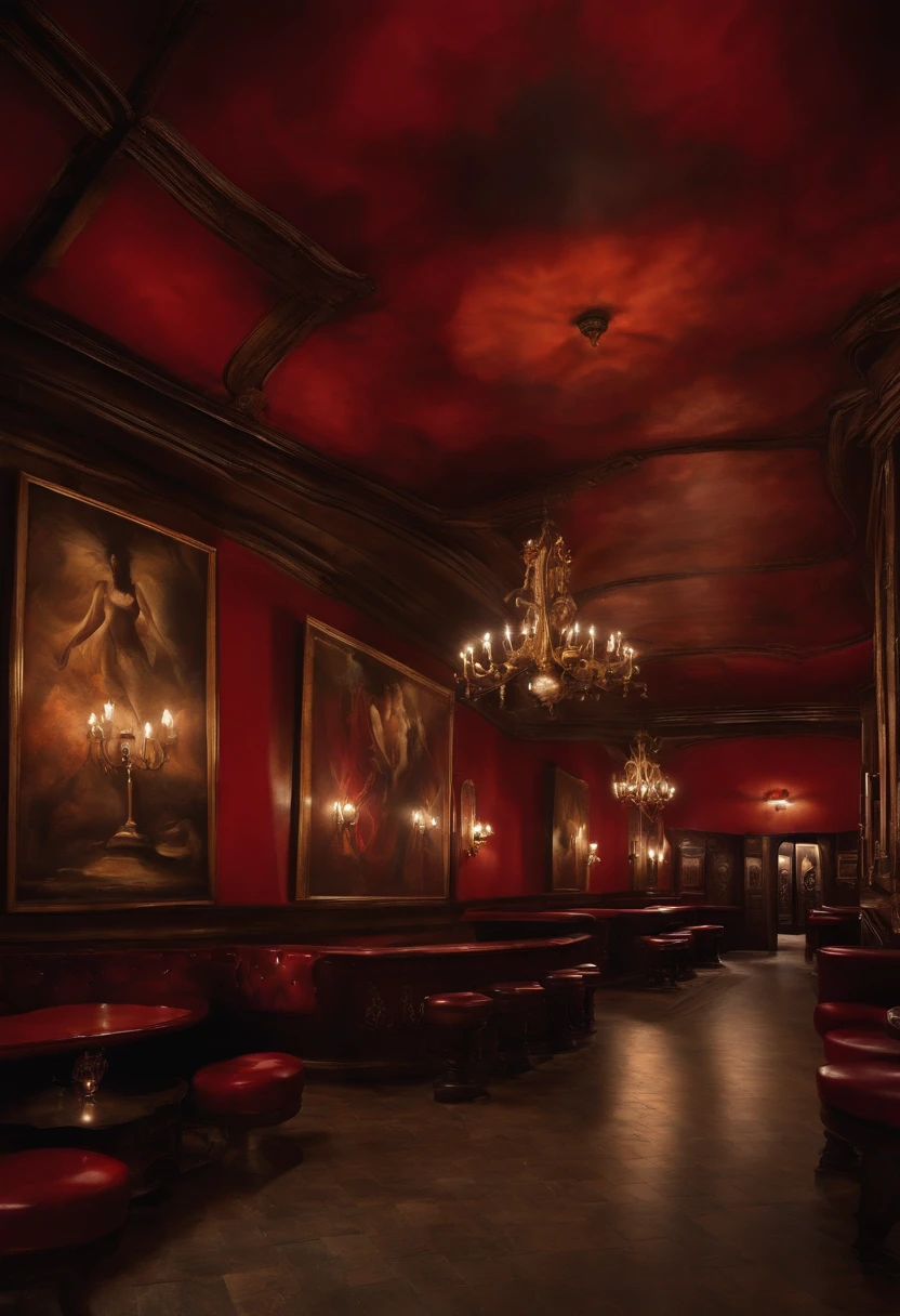 [1] = A movie poster From Dusk Till Dawn - The Titty Twister Bar in evidence crawling with vampires
[2] = An artist's rendering of The Titty Twister Bar, Where vampires gather, banhado em um surreal, luz sobrenatural. The interior of the bar is adorned with crimson velvet, Decadent statues, and sinister paintings of demonic figures. Shadows dance on the walls as vampires move to kill.
[3] = O Titty Twister Bar existe em um reino entre a realidade e o sobrenatural. The environment is a seductive mix of opulence and decadence, with crimson curtains shining in an invisible breeze and the smell of blood lingering in the air.
[4] = The mood is gloomy, sedutor, e mistura sinistra de sensualidade e perigo. A atmosfera estala com um erotismo inquietante enquanto os vampiros se preparam para festejar.
[5] = Surrealist painting with cosmic elements
[6] = Painted with acrylics on a large canvas, employing a combination of bold brushstrokes and delicate details. Special lighting effects will be added to give the painting an otherworldly feel.
[7] = Sem fotografia realista, sem luz do dia, no common bar decoration, no common lighting, sem elementos mundanos.