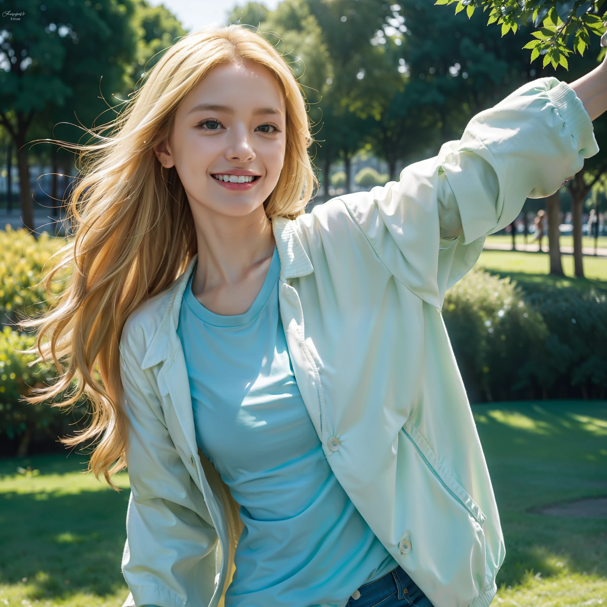 top-quality, masterpiece, (Photorealsitic:1.4), ultra-detailliert, Raw photo, girl with, A smile, blonde hair, long, Green shirt, White jacket, portlate, on the park, Blue Sky Background, Soft lighting, look at a camera