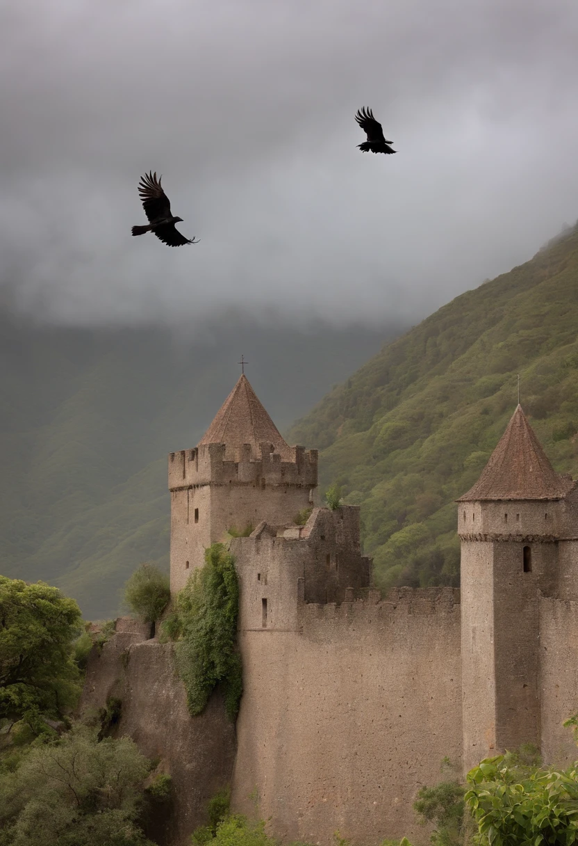 um castelo medieval, sombrio, de madeira escura, chuvas, campina verde, Crows flying through the sky