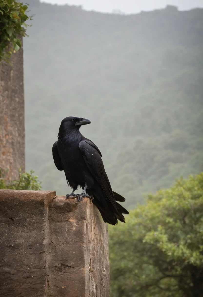 um castelo medieval, sombrio, de madeira escura, chuvas,  campina verde, Crows flying through the sky