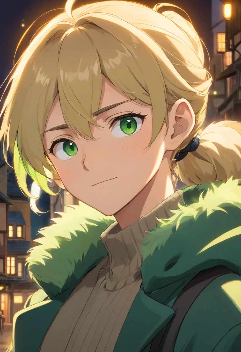 1 boy, blonde man, hair in a ponytail, Long Split Bangs, gray eyes, black turtleneck, green coat, smirk, (Rich in detail), tmasterpiece, 独奏,illumination,Light,dinamic angle,Depth of field,light and shadow, Real Light and Shadow, diffuse reflection, Outstanding picture quality