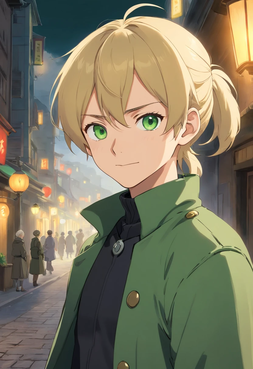 1 boy, blonde man, hair in a ponytail, Long Split Bangs, gray eyes, black turtleneck, green coat, smirk, (Rich in detail), tmasterpiece, 独奏,illumination,Light,dinamic angle,Depth of field,light and shadow, Real Light and Shadow, diffuse reflection, Outstanding picture quality