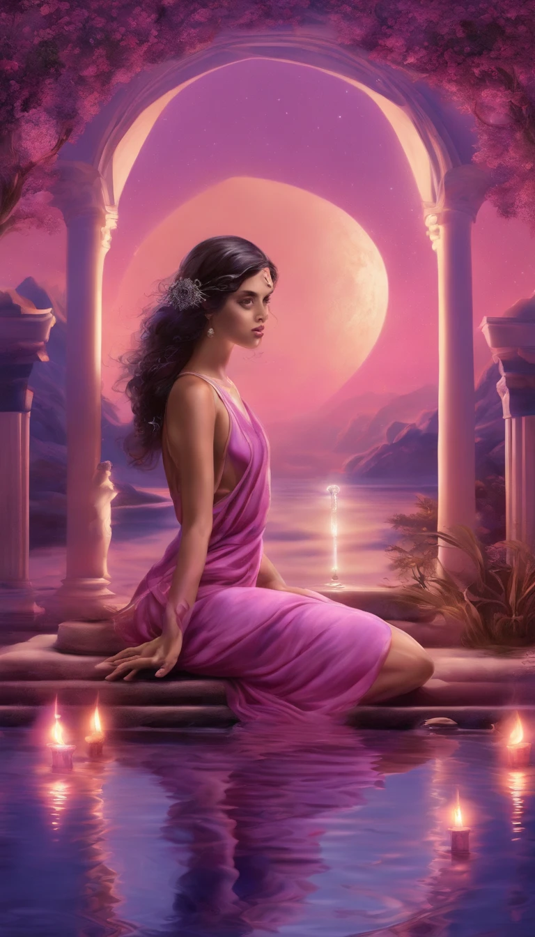 um ser cosmico com manto rosa, abaixo de um portal em formato de espiral, escrito Portal 9/9. The female cosmic being with a staff resting on the water floor, in one hand and a lamp lit and shining with fire in the other hand, olhando de costas, with a violet sky, rosa, azul, roxo, cheio de estrelas de fundo e uma lua cheia grande e brilhante