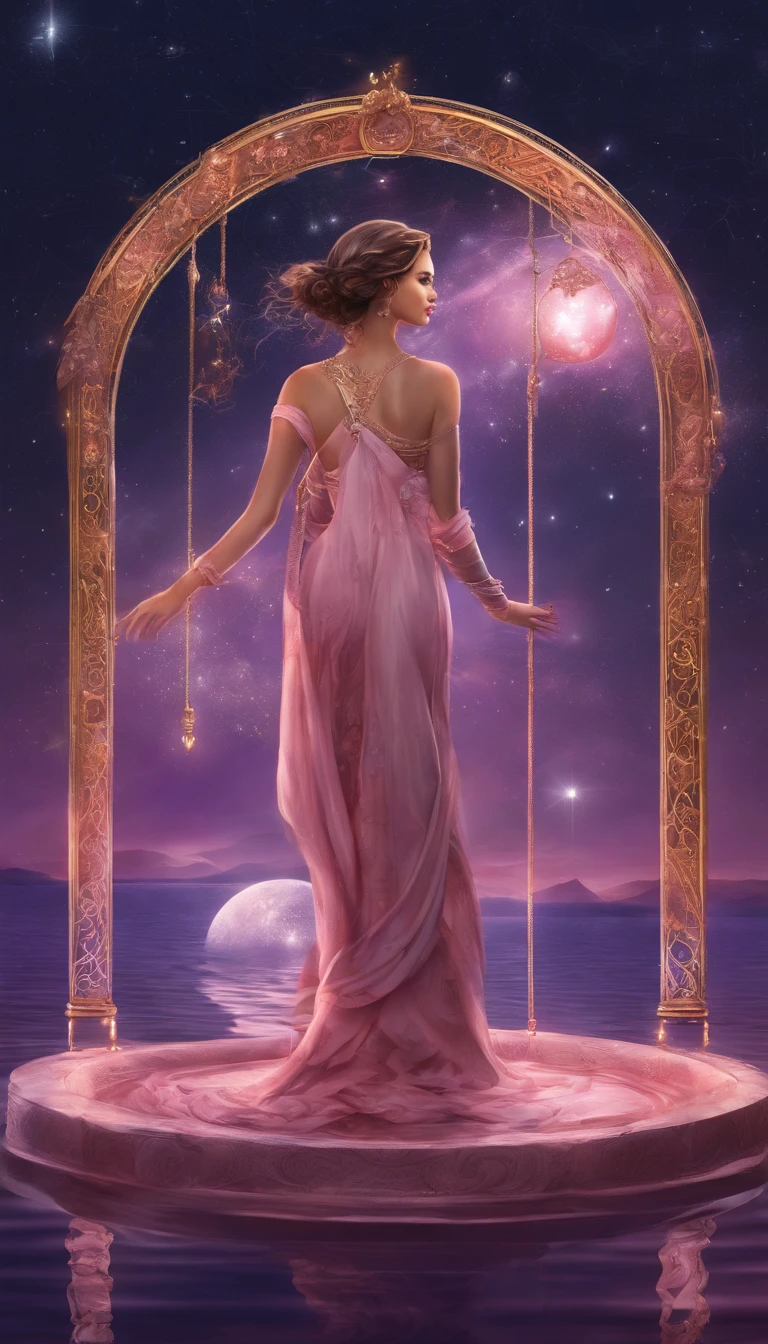 um ser cosmico com manto rosa, abaixo de um portal em formato de espiral, escrito Portal 9/9. The female cosmic being with a staff resting on the water floor, in one hand and a lamp lit and shining with fire in the other hand, olhando de costas, with a violet sky, rosa, azul, roxo, cheio de estrelas de fundo e uma lua cheia grande e brilhante