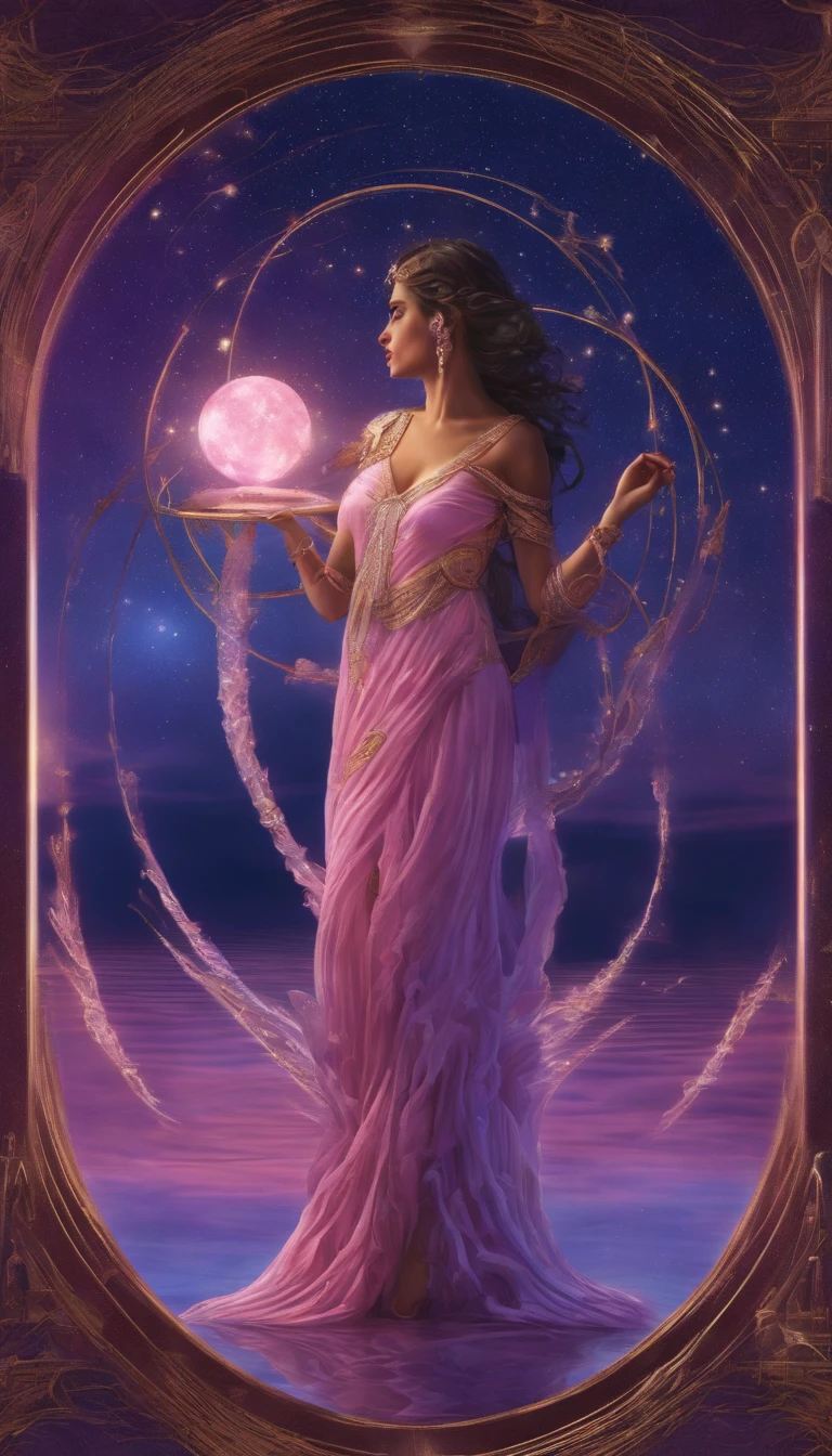 um ser cosmico com manto rosa, abaixo de um portal em formato de espiral, escrito Portal 9/9. The female cosmic being with a staff resting on the water floor, in one hand and a lamp lit and shining with fire in the other hand, olhando de costas, with a violet sky, rosa, azul, roxo, cheio de estrelas de fundo e uma lua cheia grande e brilhante