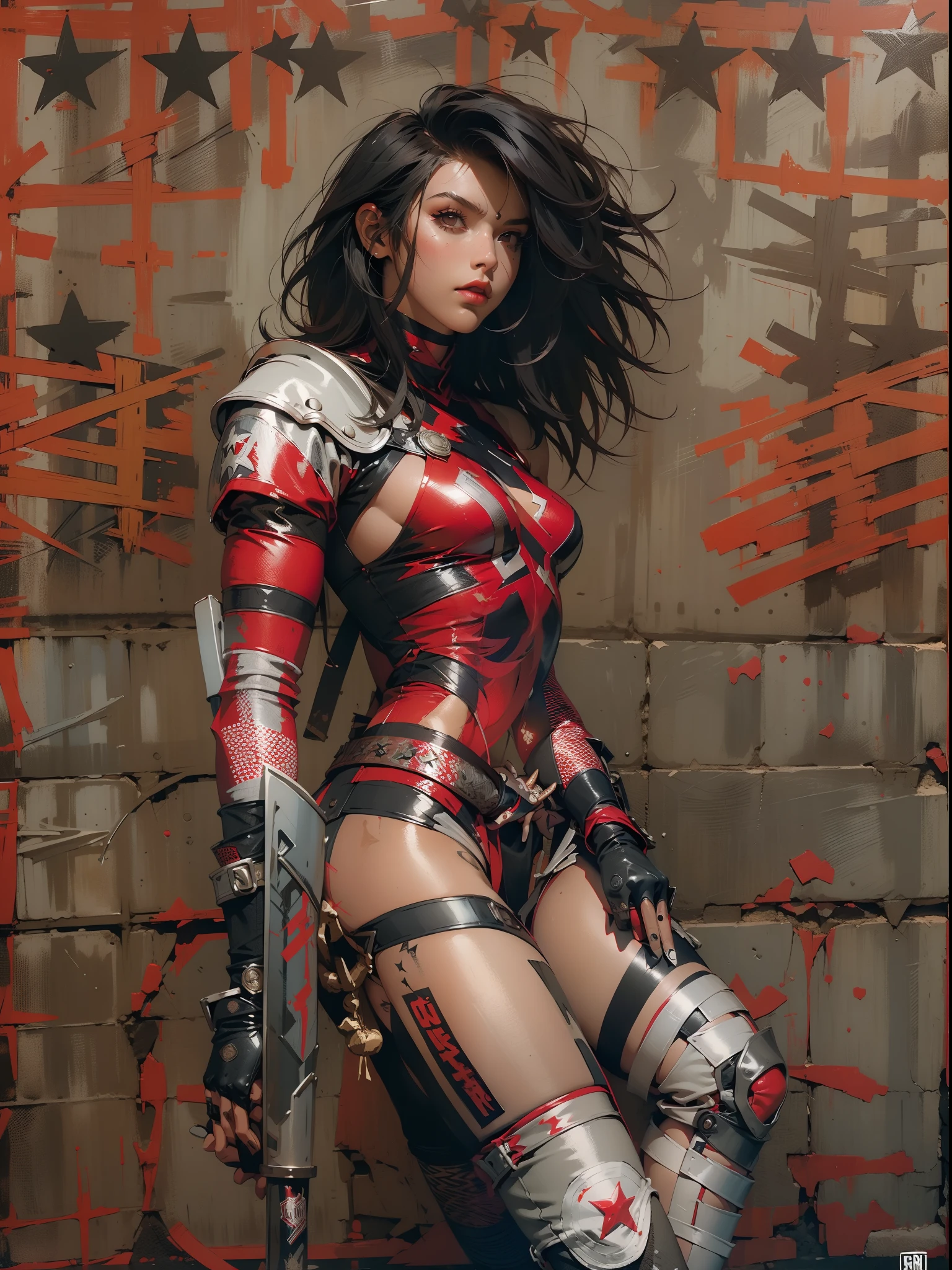 (((mulher))), (((melhor qualidade))), (((obra prima))), (((adulto))), (((1girl))), ((( corte de cabelo bob ))), Uma gladiadora cyberpunk mulher de 25 anos com corpo perfeito, shoulder pads with metal spines, Gladiadores do Brooklyn, (( corte de cabelo bob )), tiny leather panties, camiseta de time de rugby rasgada, quase nua no estilo selvagem urbano de Simon Bisley para a capa da revista Heavy Metal, Cabelo loiro curto, Minimum clothing, Metal protection on the left arm with intricate graphics, Dark red with white stars and black and white checkerboard pattern, armadura, cheio de pontas e rebites, (((do joelho pra cima))), cabelos loiro branco curto, no fundo uma parede pintada por Shepard Fairey com um design intrincado