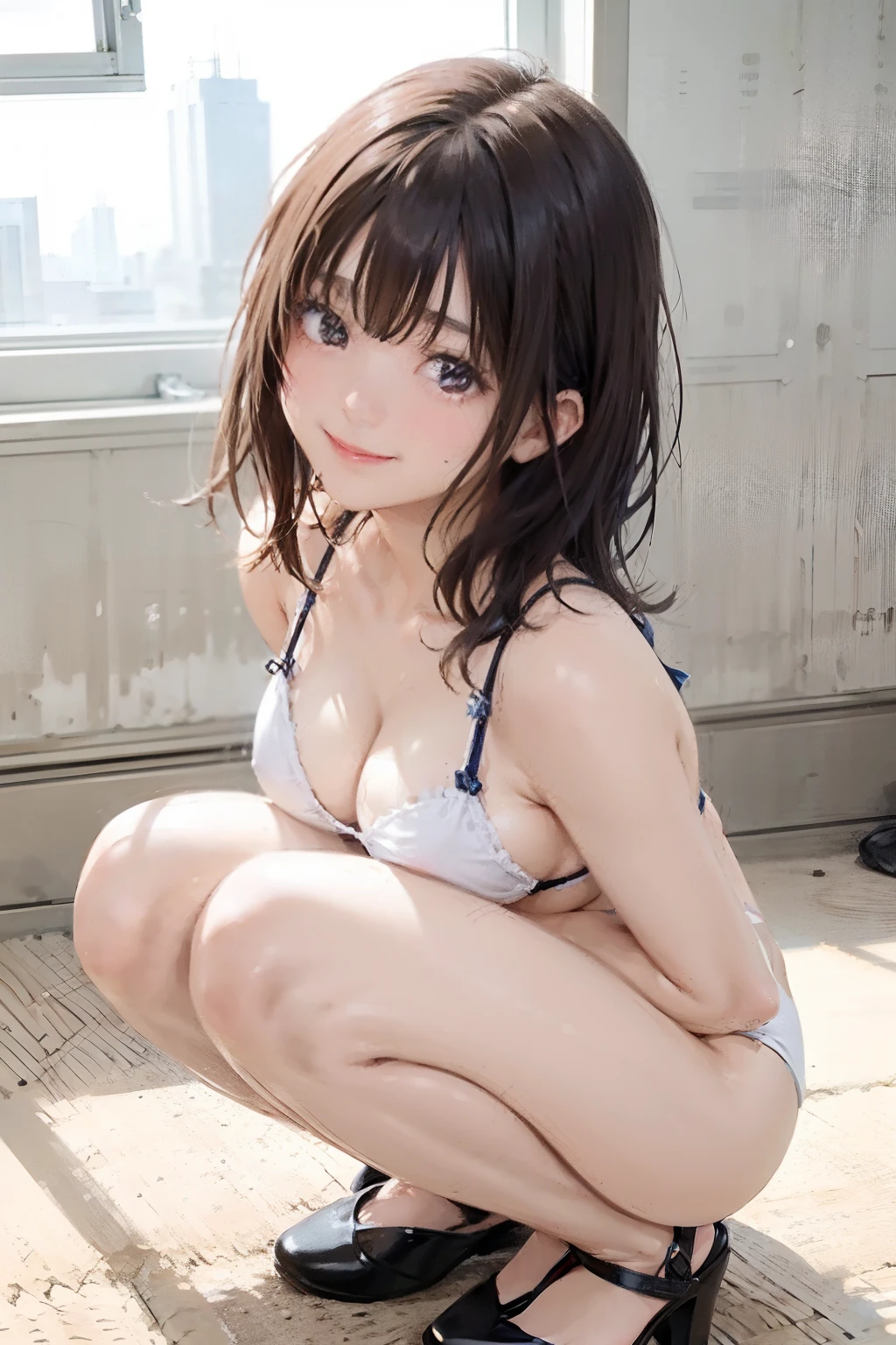 Asian woman in alafe sitting on the ground with legs crossed, pretty face with arms and legs, Korean Girl, chiho, young and cute girl, Anime girl squatting with legs open, Round thighs, Casual pose, Young Pretty Gravure Idol, 19-year-old girl, Medium chest, cleavage of the breast、Sitting on the ground, Engaging pose, Young Gravure Idol, a cute young girl、white color bikini swimsuit、pantie shot,A slight smil、high-heels、Two legs、Two arms