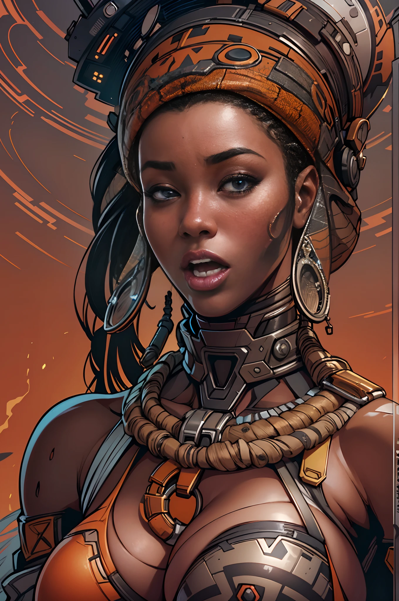 (((vulgarity))),Future Iwaba Young Woman, Beautiful futuristic himba woman, Futuristic Himba age girl, black African Woman Android, Beautiful Women of Warframe,embarrassed look, ahegao, open mouth,(super huge gigantic breast:1.4)