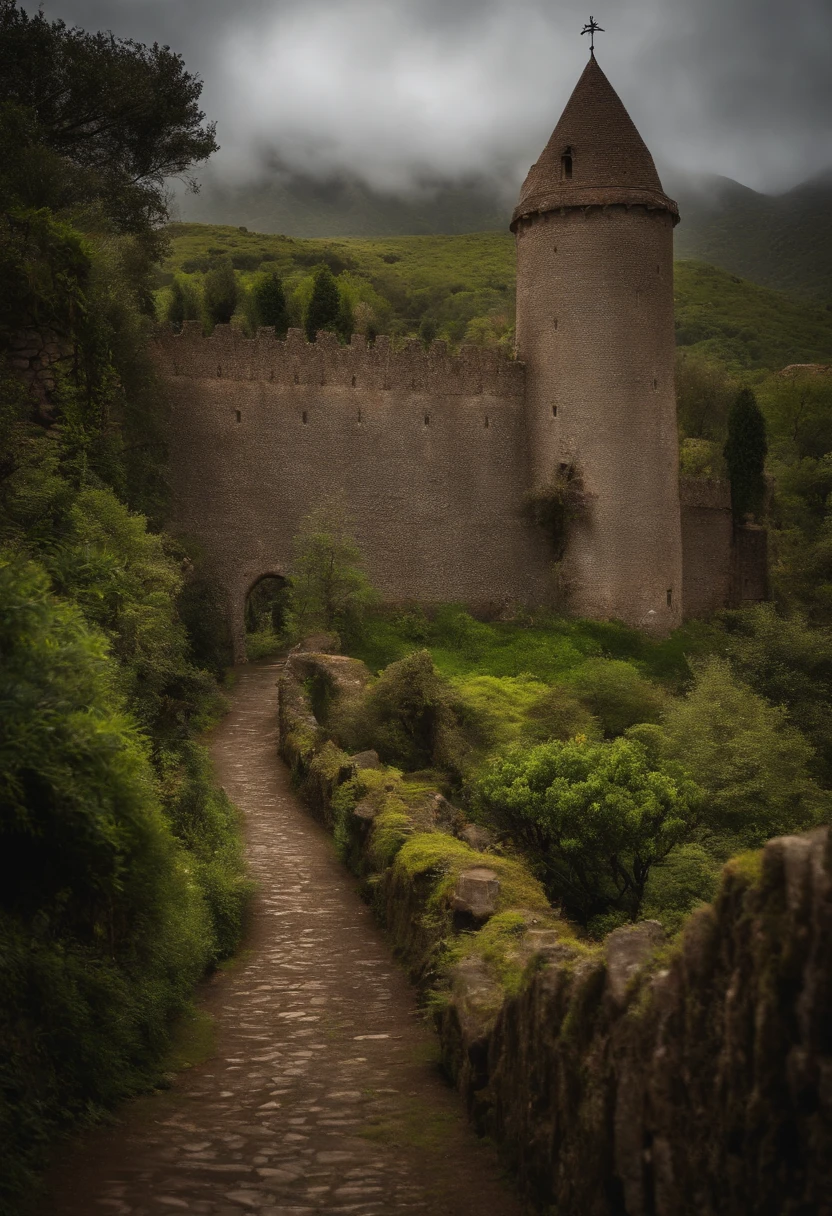 um castelo medieval, de madeira, chuva, nevoeiro, campina verd