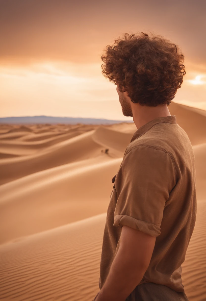 25 yo guy, with (brown) (very short) curly hair, seen from behind, watching desert during day, very big dunes, ultra realism, 8k, masterpiece,