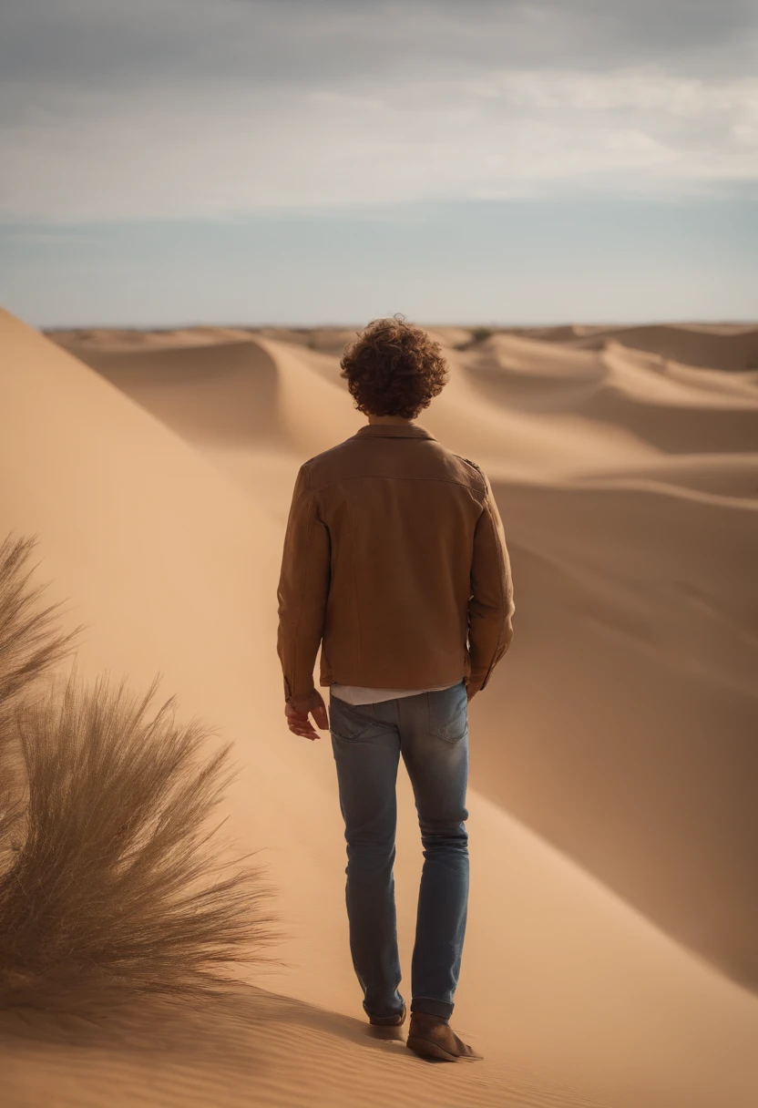 25 yo guy, with (brown) (very short) curly hair, seen from behind, watching desert during day, very big dunes, ultra realism, 8k, masterpiece,