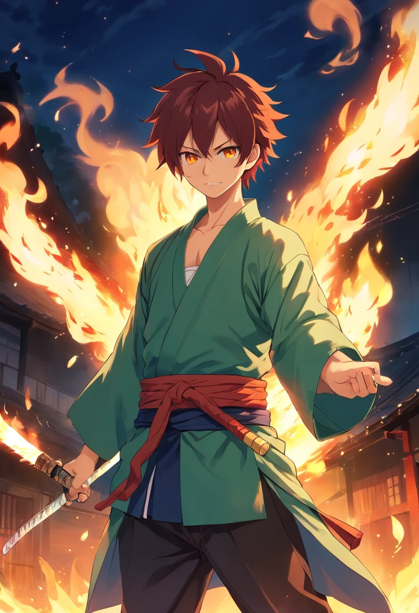 "(a highly detailed illustration by Natsu Dragneel wearing his traditional clothes and with fire details in his hands), Kamado tanjiro, demon killer light green uniform, 1boy, male focus, scar on face, weapon, scar, earrings, teeth, jewelry, pants, scar on forehead, brown hair, belt, black pants, japanese clothes, haori, green haori, solo, red eyes, long sleeves, (((masterpiece)), happy face, fire, japanese sword, dinamic pose, Night scenery, lighting dramatic.